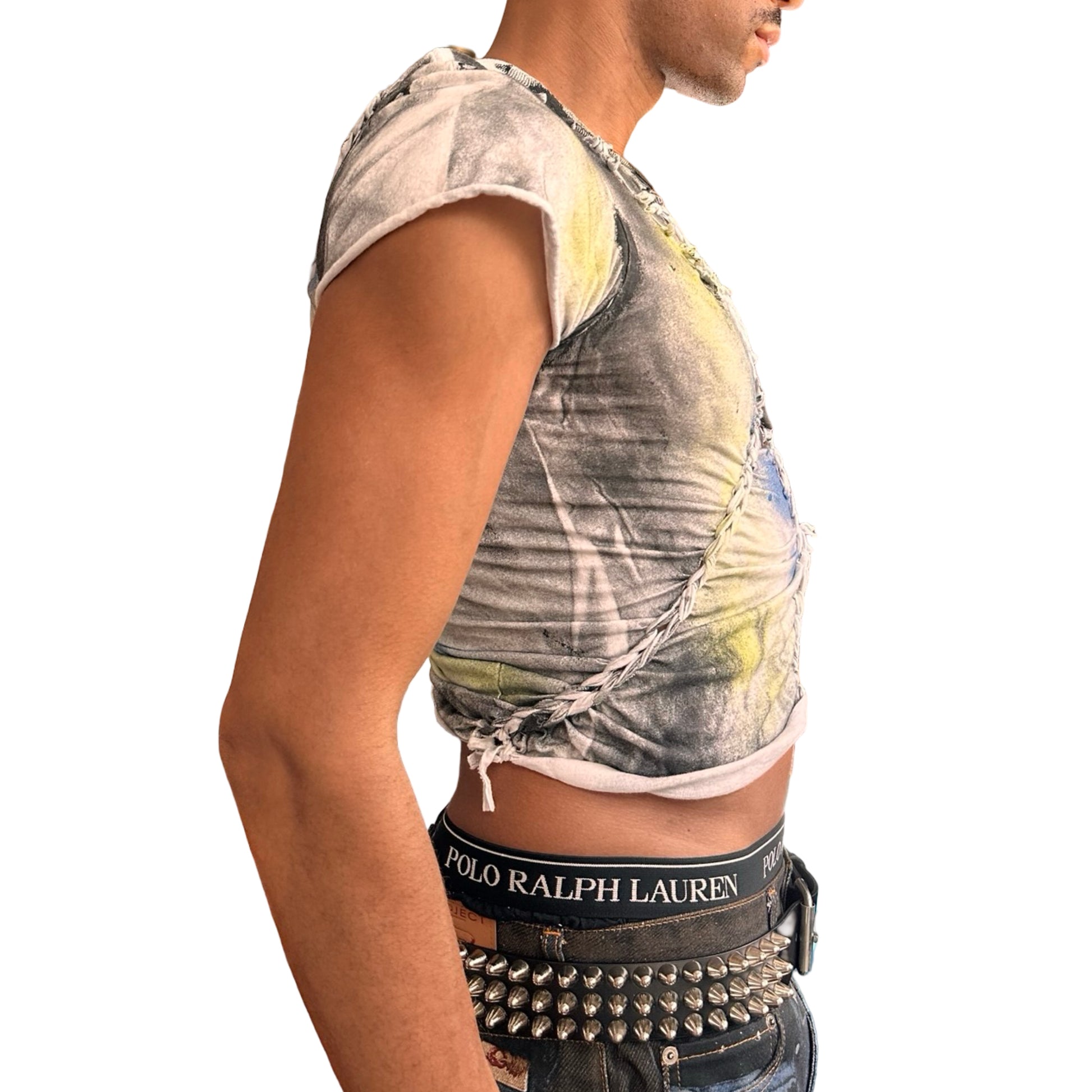 Right view of ASTROBOI* x Gildan ‘Algae’ white braided twist T-shirt with hand-printed design and heavyweight cotton. Custom handmade streetwear from NYC.