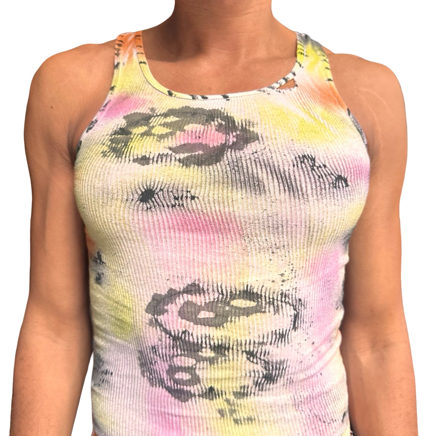 ASTROBOI x Hanes 'Flowers' White Ribbed Graphic Tank Top – close up 