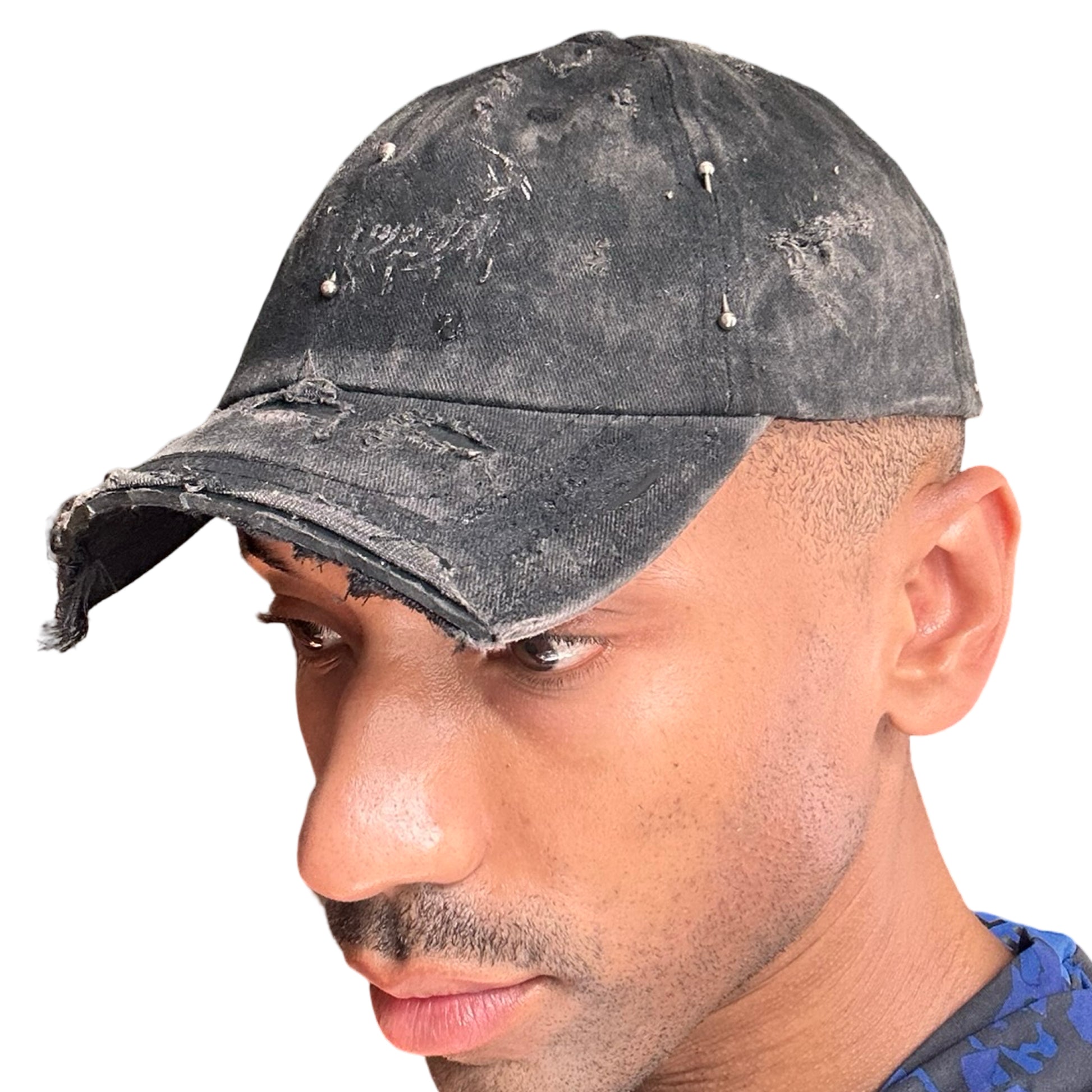 ASTROBOI 'Indie 300' Black Distressed Pierced Half Visor Hat* -  front left 