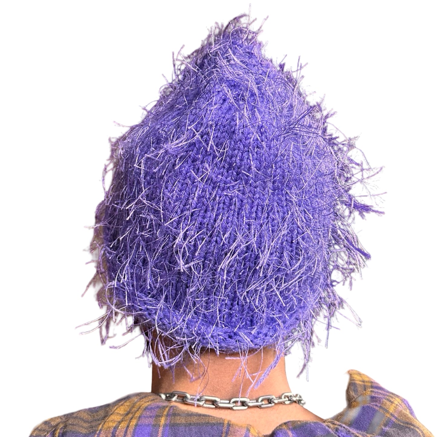 Back of Lavender purple eyelash-yarn knit beanie with rolled edges and a soft, textured silhouette. Stretchy, cozy winter hat.