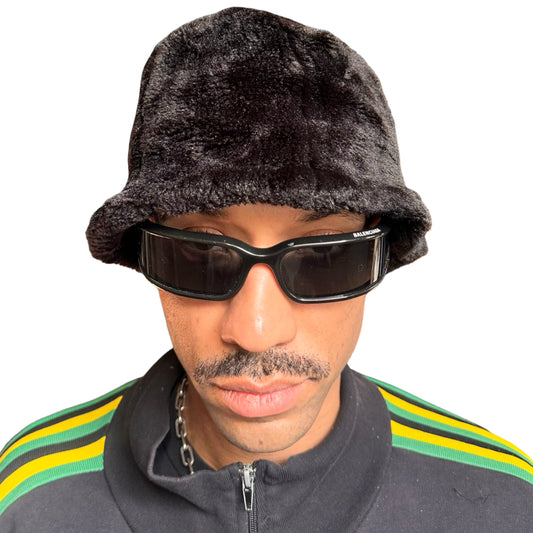 Front of Vintage black faux-fur bell-shaped bucket hat with soft plush texture, shown in good condition.