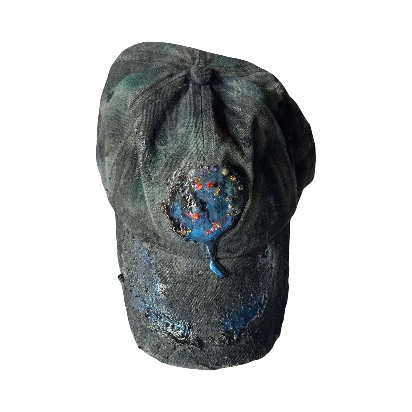 ASTROBOI* 'Enchanted' Black Distressed Rhinestone Resin Hat - overview flat 