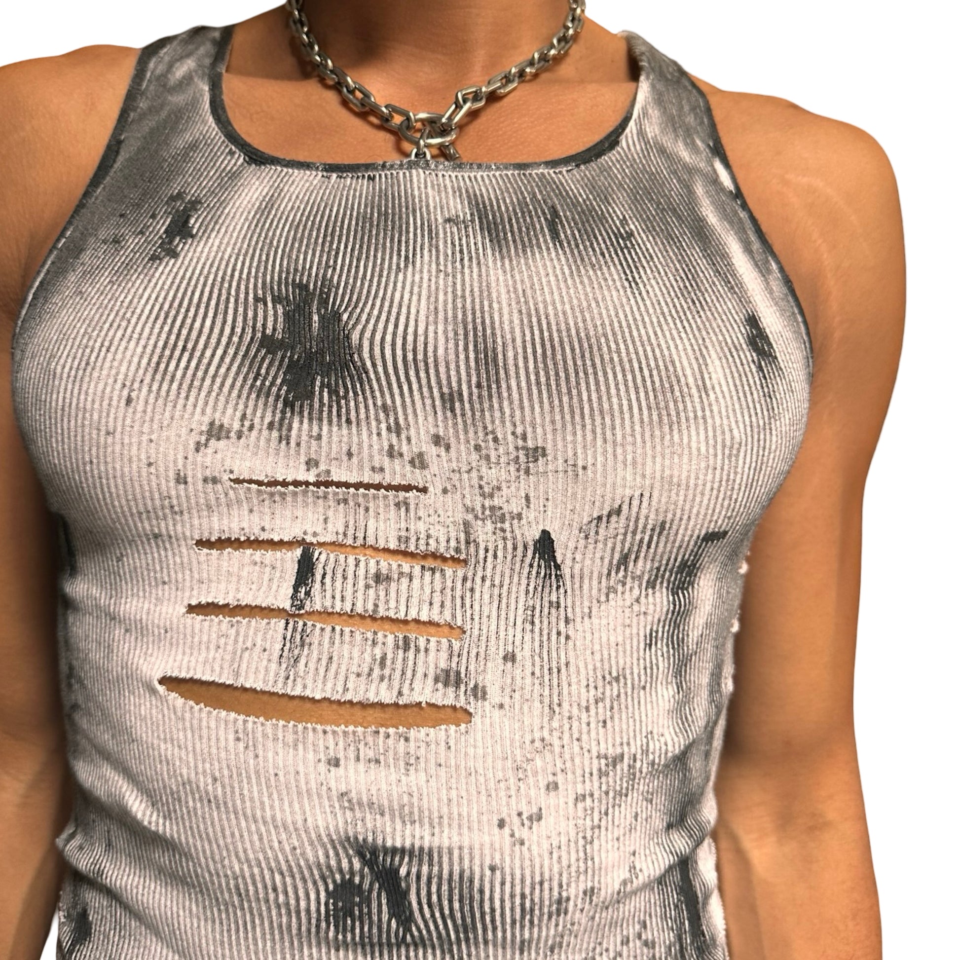 ASTROBOI* x Hanes 'Hero' White Ribbed Black Graphic Print Tank Top - front upclose