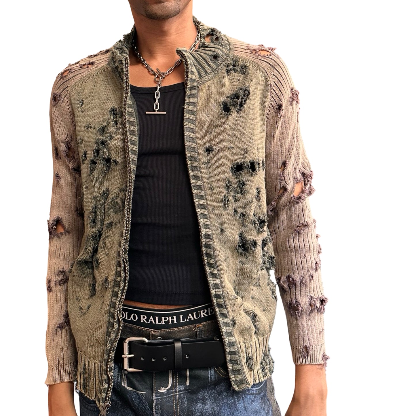 ASTROBOI* khaki and tan ribbed grunge zip-up sweater with distressed holes, contrast sleeves, and orange piping. One-of-a-kind custom piece made in NYC. Open front view 