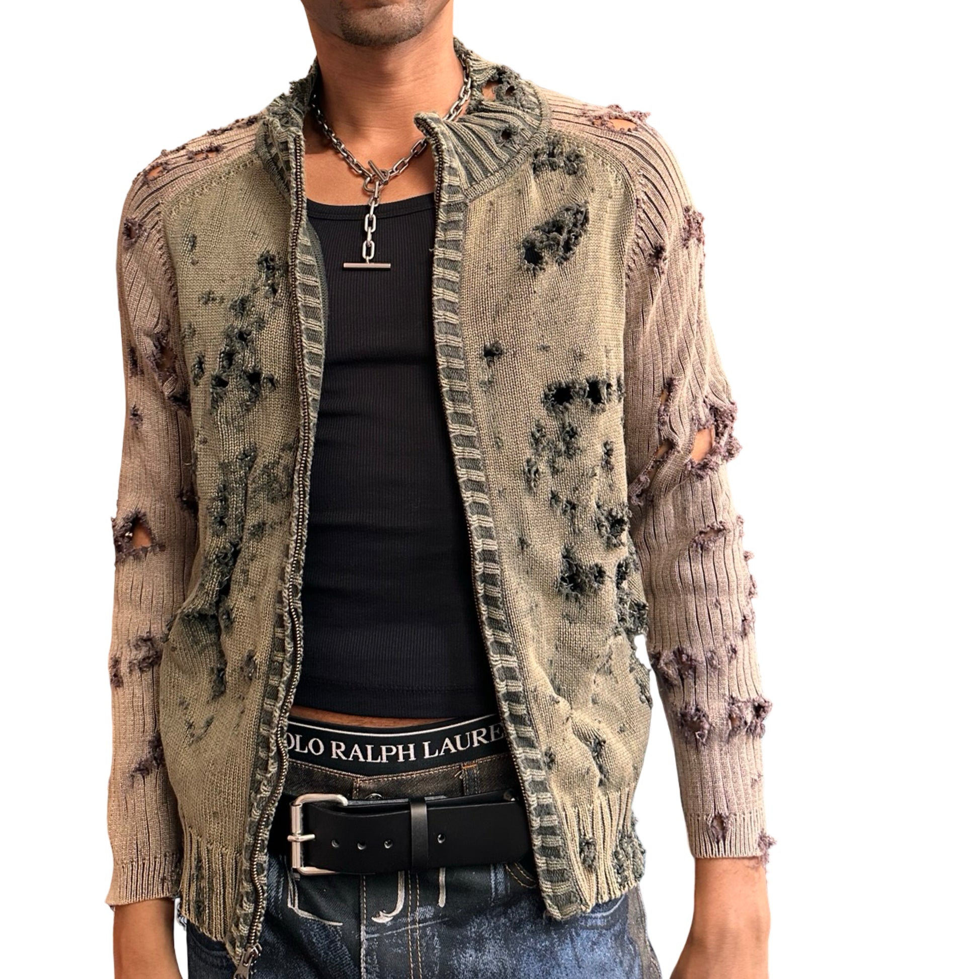 ASTROBOI* khaki and tan ribbed grunge zip-up sweater with distressed holes, contrast sleeves, and orange piping. One-of-a-kind custom piece made in NYC. Open front view 