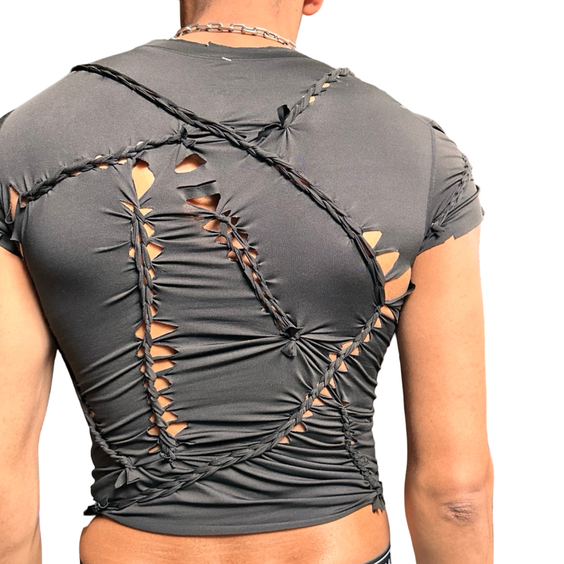 Back view of ASTROBOI* 'Barely There' black braided twist compression top featuring intricate hand-braided detailing. Handmade in NYC with a form-fitting stretch design.
