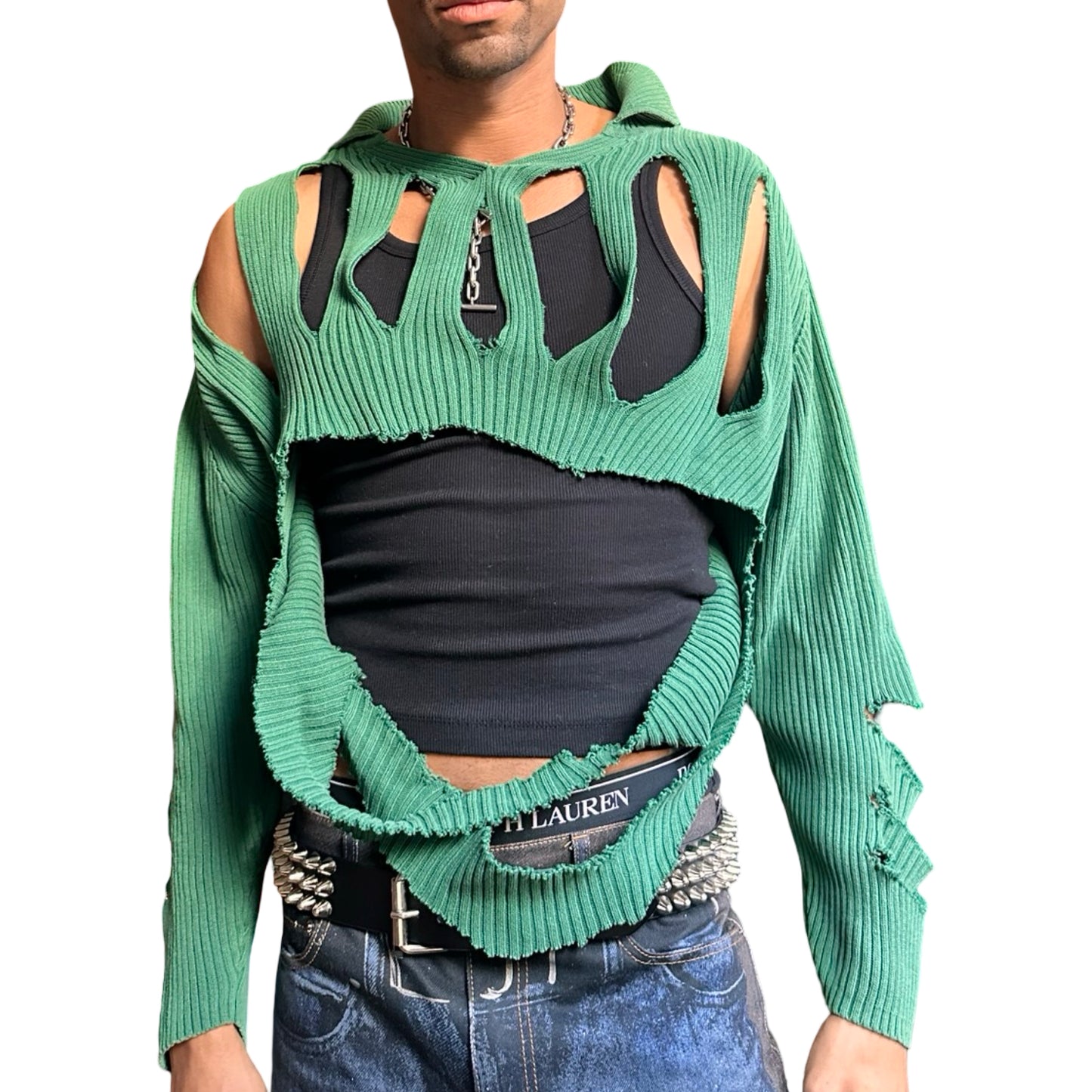 Front view of ASTROBOI* x Tommy Hilfiger green ribbed sweater with abstract cut outs, relaxed fit, and knit collar. One-of-a-kind custom piece handmade in NYC.