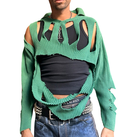 Front view of ASTROBOI* x Tommy Hilfiger green ribbed sweater with abstract cut outs, relaxed fit, and knit collar. One-of-a-kind custom piece handmade in NYC.