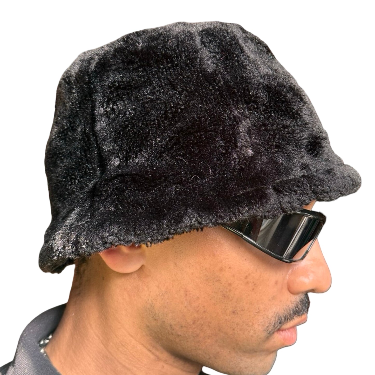Right side of Vintage black faux-fur bell-shaped bucket hat with soft plush texture, shown in good condition.