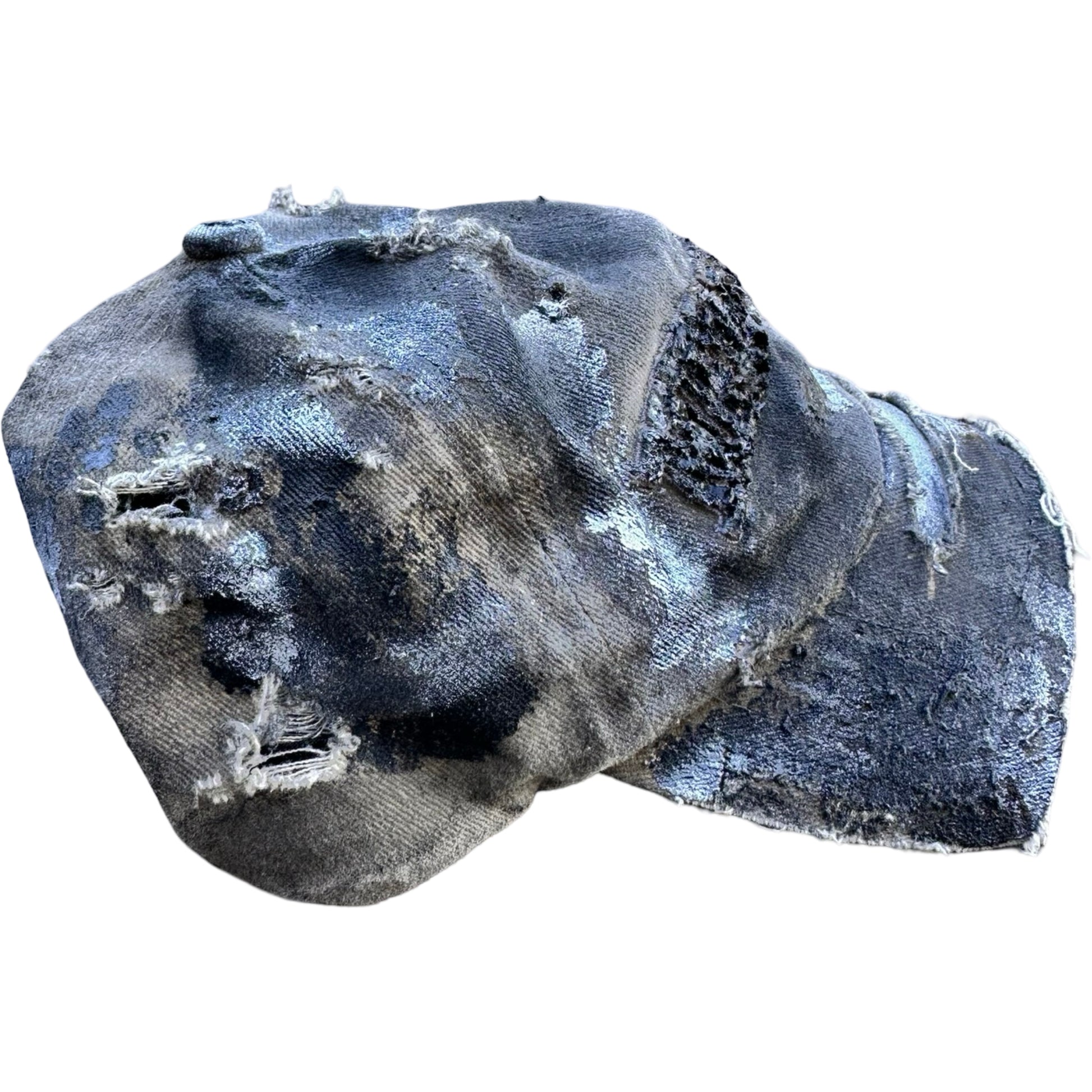 Right flat view of ASTROBOI* tan and black New York logo hat with distressed half visor and black and white paint detailing.