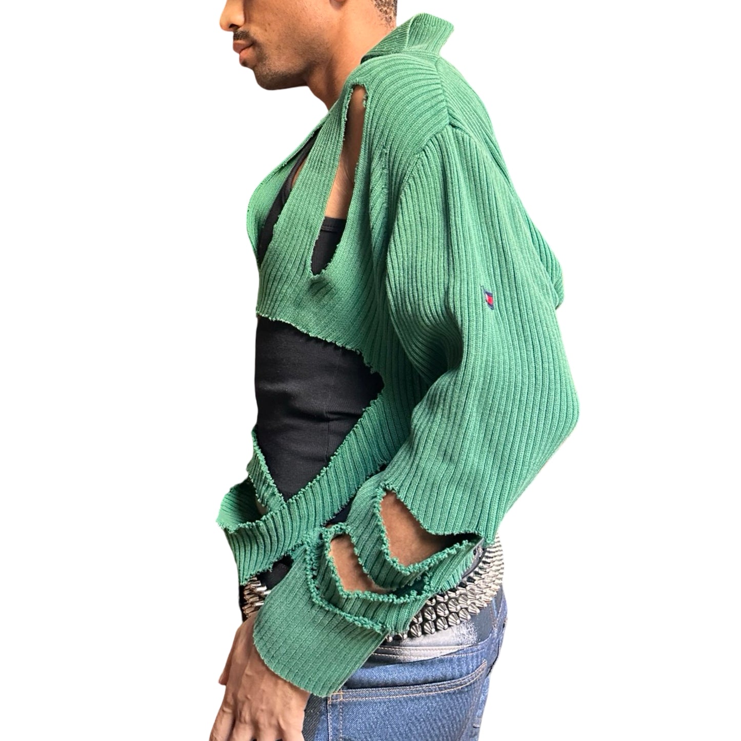 Left side of ASTROBOI* x Tommy Hilfiger green ribbed sweater with abstract cut outs, relaxed fit, and knit collar. One-of-a-kind custom piece handmade in NYC.