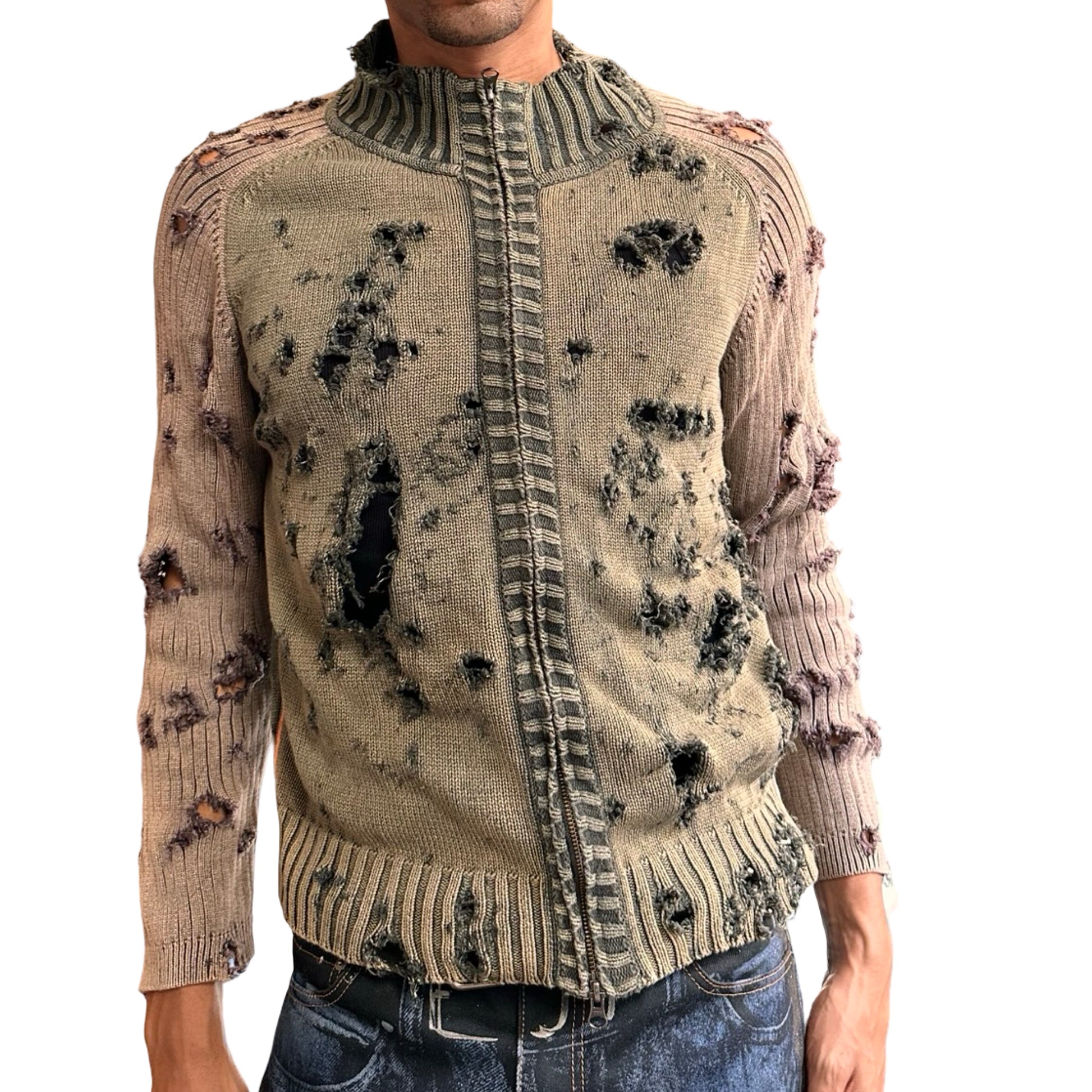 ASTROBOI* khaki and tan ribbed grunge zip-up sweater with distressed holes, contrast sleeves, and orange piping. One-of-a-kind custom piece made in NYC. Front view 