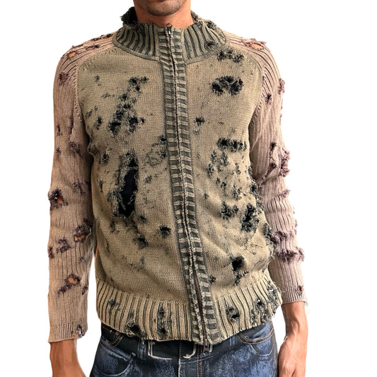 ASTROBOI* khaki and tan ribbed grunge zip-up sweater with distressed holes, contrast sleeves, and orange piping. One-of-a-kind custom piece made in NYC. Front view 