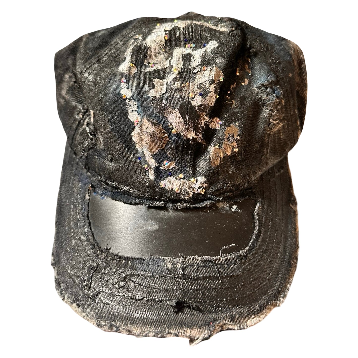 Front flat image of Black acid-washed denim hat with silver paint accents, multicolored rhinestones, and a ripped visor seam, customized by ASTROBOI* STUDIO.