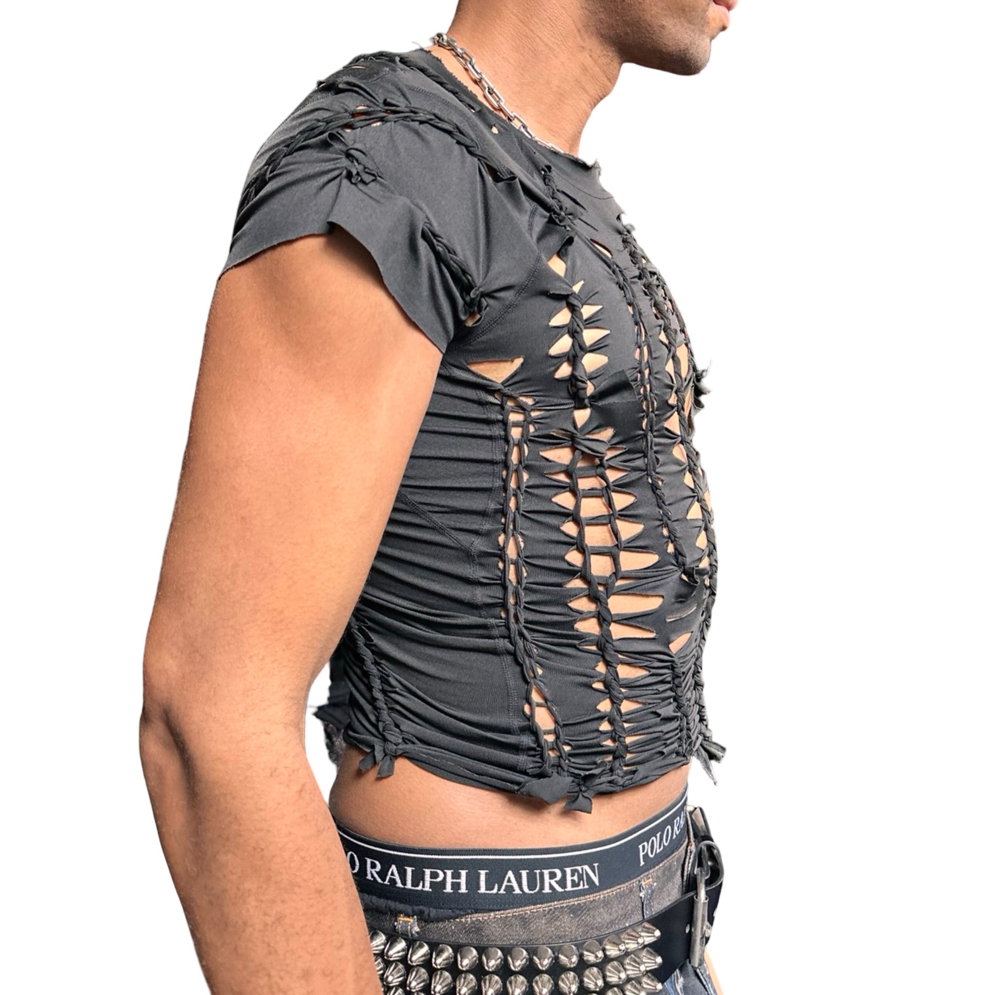 RIght side of ASTROBOI* 'Barely There' black braided twist compression top featuring intricate hand-braided detailing. Handmade in NYC with a form-fitting stretch design.