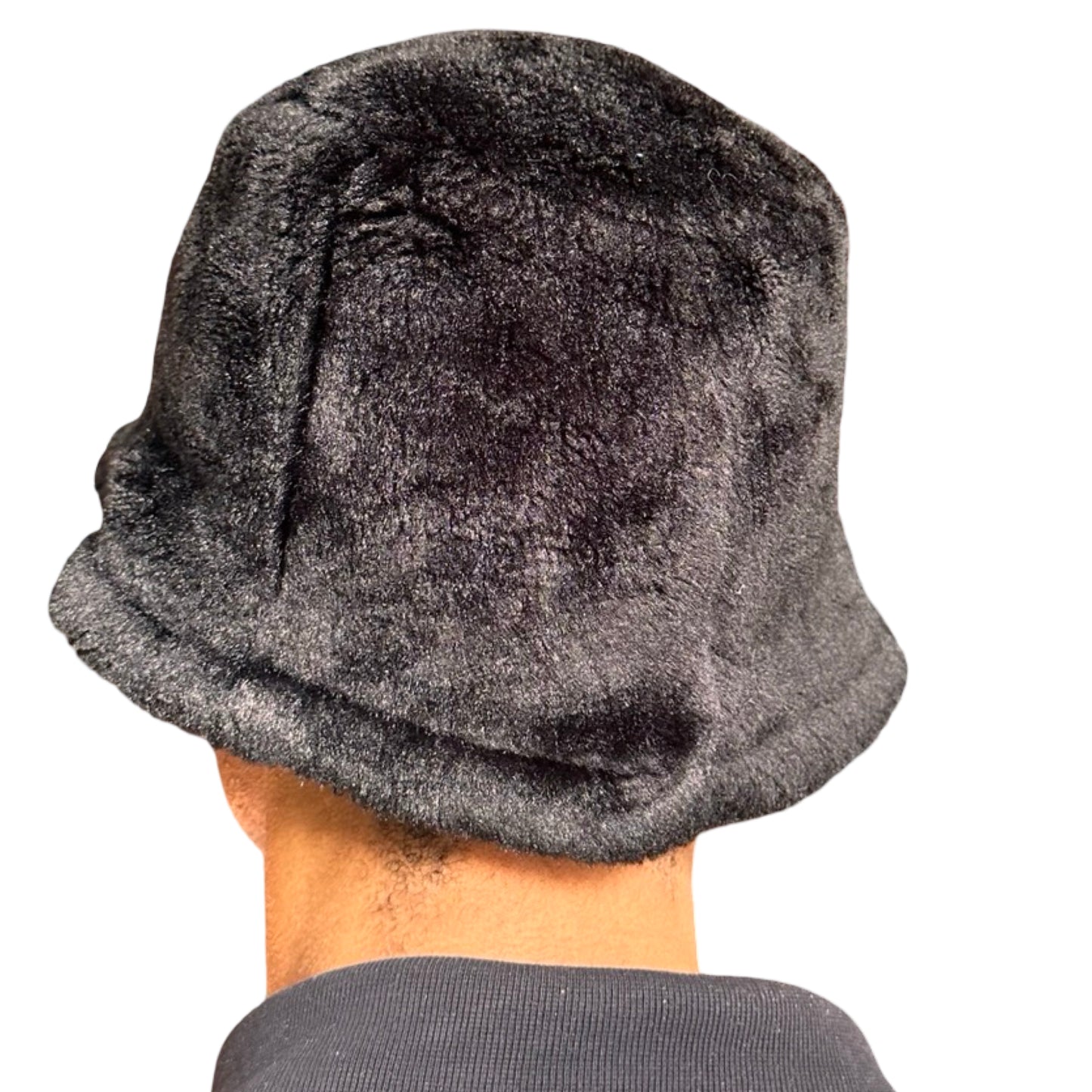 Back side of Vintage black faux-fur bell-shaped bucket hat with soft plush texture, shown in good condition.