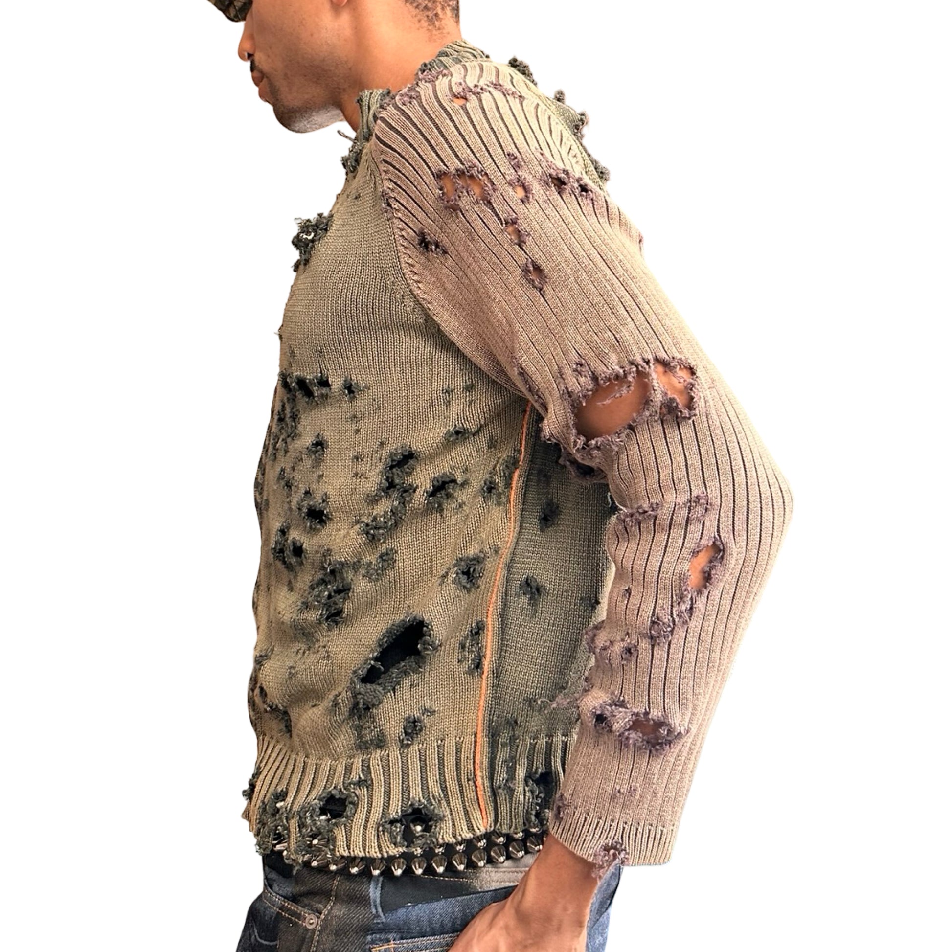 ASTROBOI* khaki and tan ribbed grunge zip-up sweater with distressed holes, contrast sleeves, and orange piping. One-of-a-kind custom piece made in NYC. Left side view 