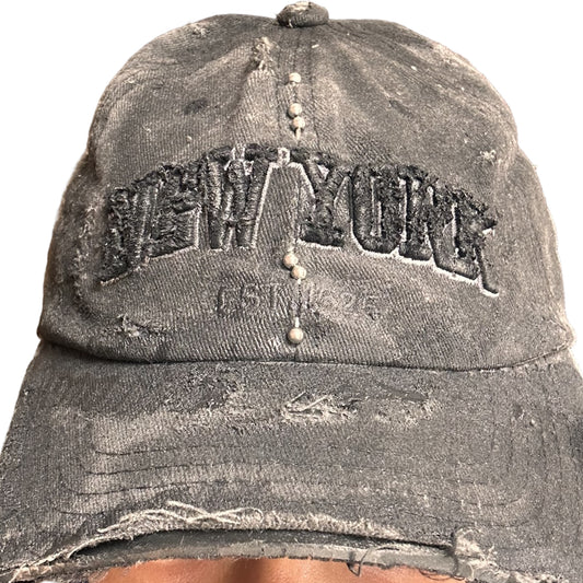 ASTROBOI* 'Kinky' New York Black Distressed Pierced Half Visor Hat - front 