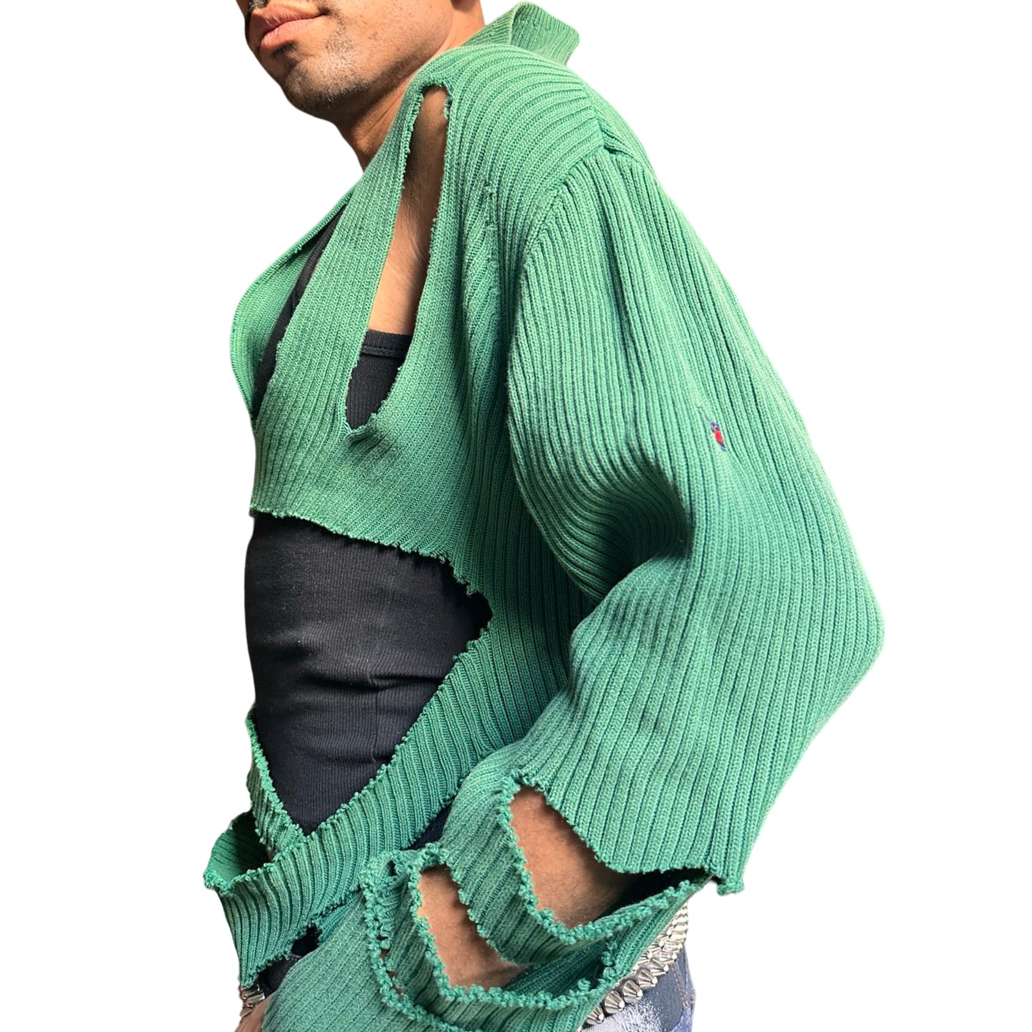 Left side close up of ASTROBOI* x Tommy Hilfiger green ribbed sweater with abstract cut outs, relaxed fit, and knit collar. One-of-a-kind custom piece handmade in NYC.
