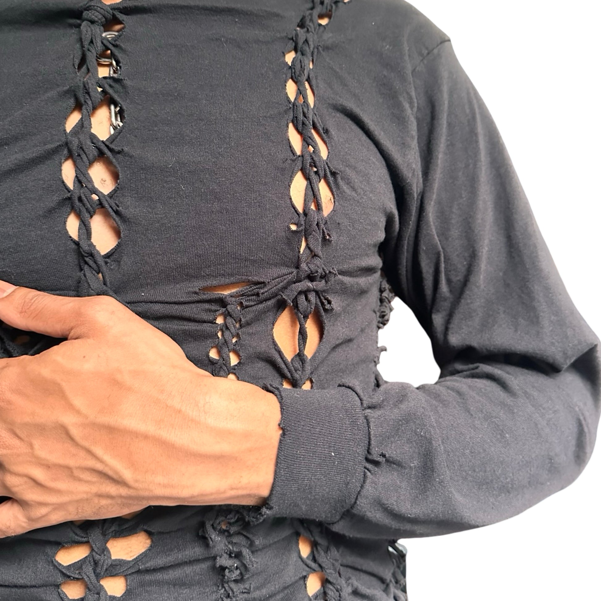 Close up of Black long-sleeve shirt with braided front worn by a person. This top is perfect for festivals and parties 