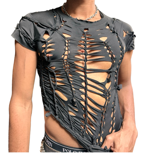 Front view of ASTROBOI* 'Barely There' black braided twist compression top featuring intricate hand-braided detailing. Handmade in NYC with a form-fitting stretch design.