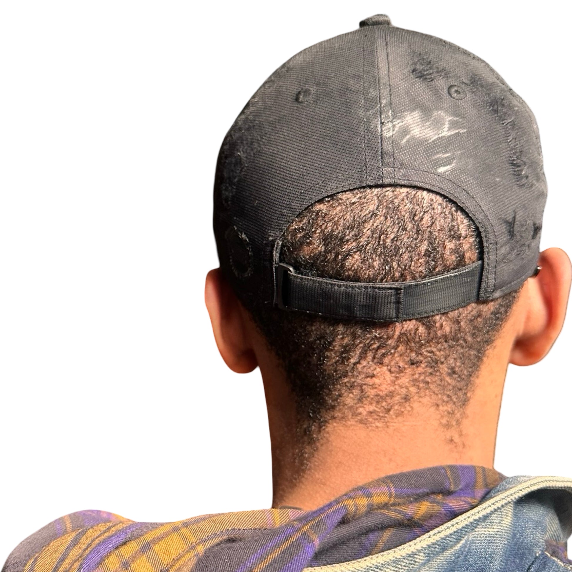 Back side of Black Adidas hat customized by ASTROBOI* with distressing, black painted accents, and stainless steel piercings.