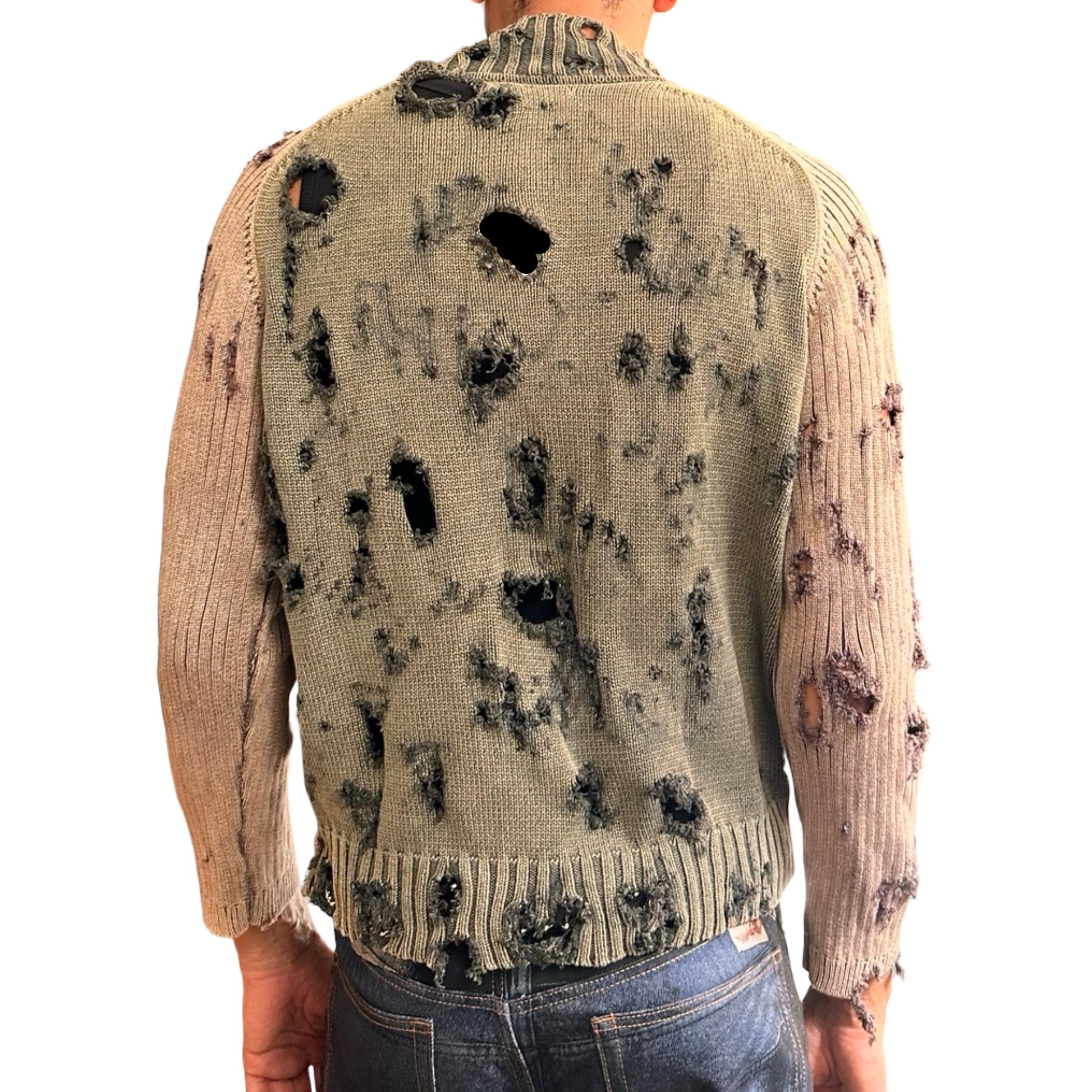 ASTROBOI* khaki and tan ribbed grunge zip-up sweater with distressed holes, contrast sleeves, and orange piping. One-of-a-kind custom piece made in NYC. Back view 