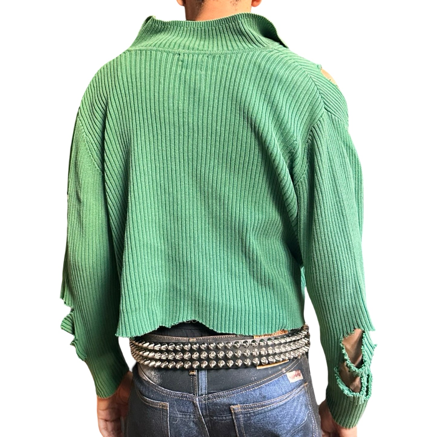 Back view of ASTROBOI* x Tommy Hilfiger green ribbed sweater with abstract cut outs, relaxed fit, and knit collar. One-of-a-kind custom piece handmade in NYC.