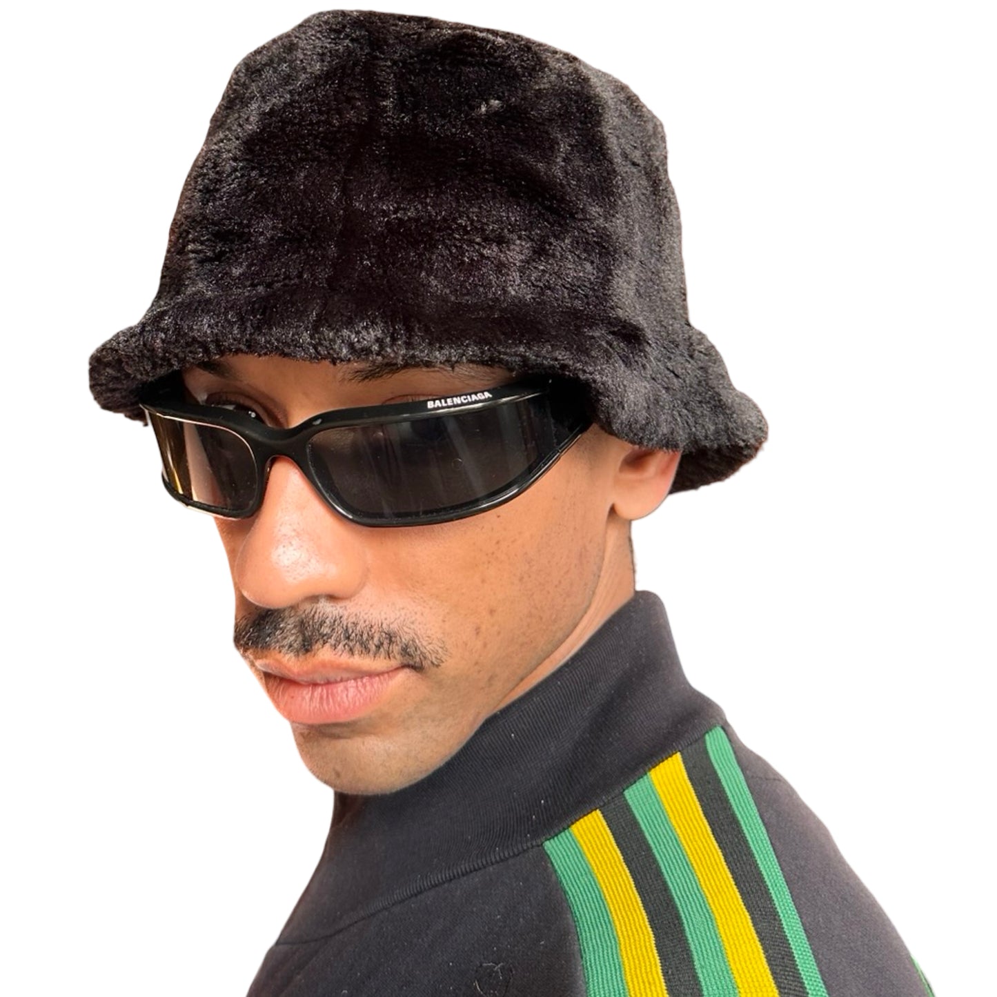 Front left of Vintage black faux-fur bell-shaped bucket hat with soft plush texture, shown in good condition.