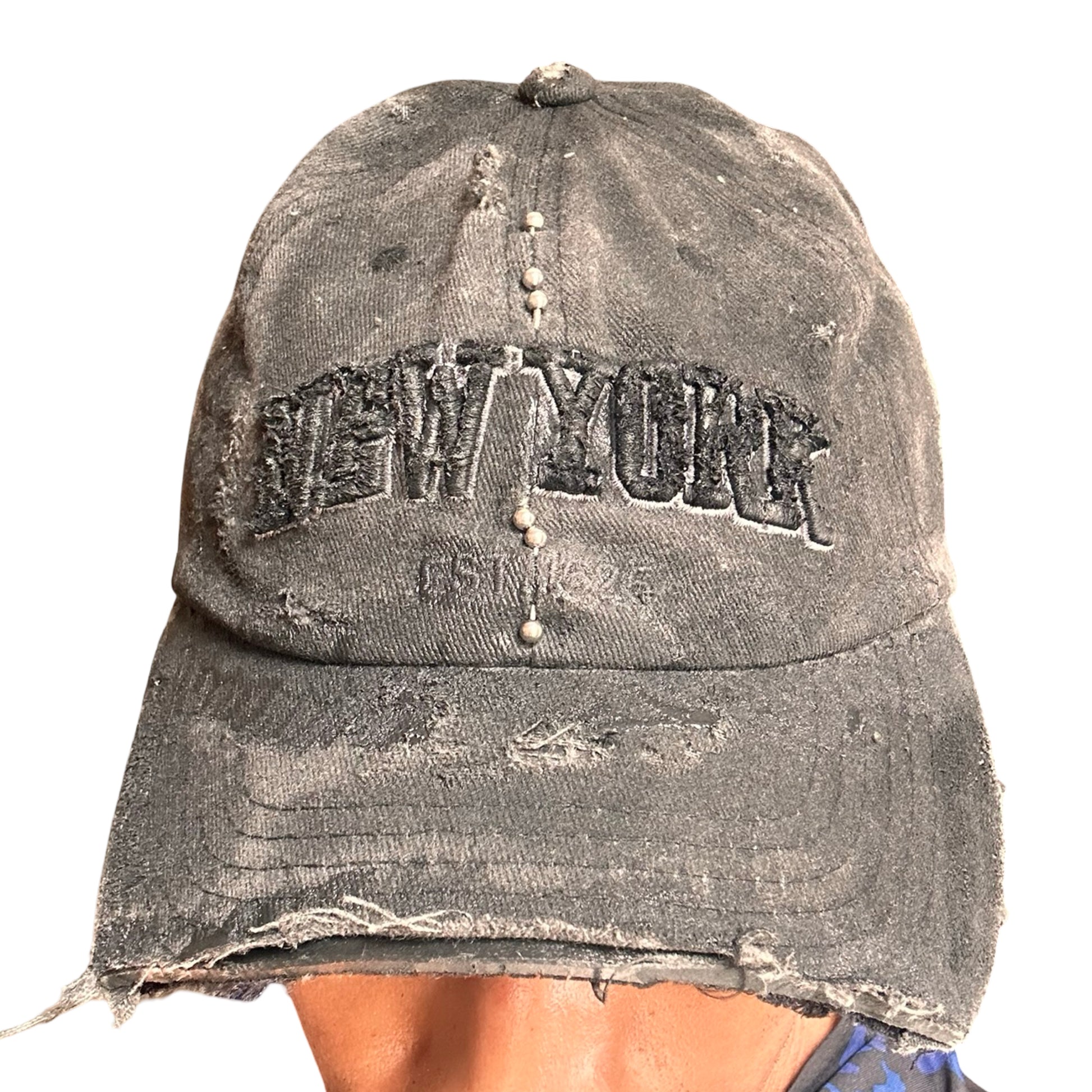 ASTROBOI* 'Kinky' New York Black Distressed Pierced Half Visor Hat - front 2