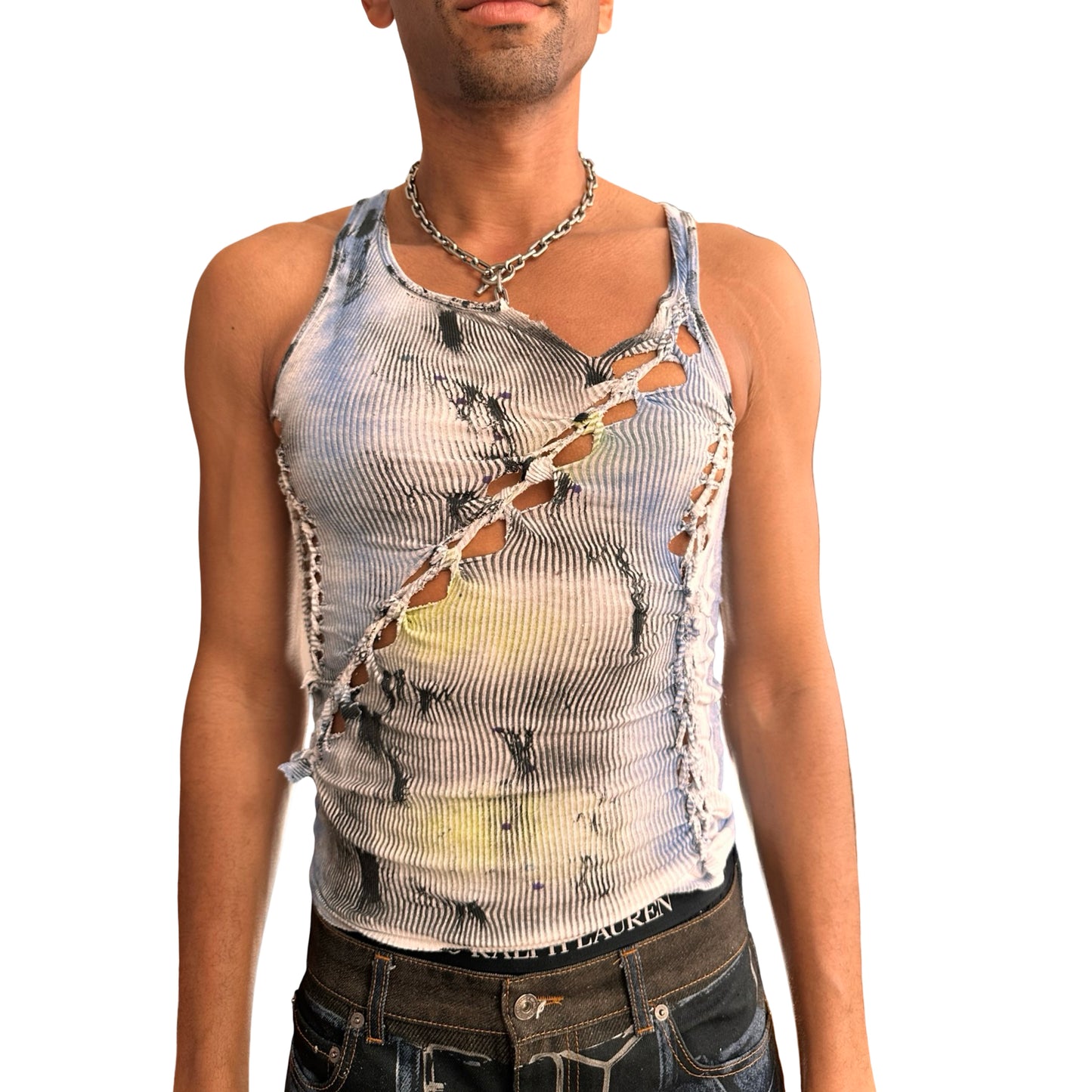 Overview of ASTROBOI* ‘Aquatic’ white braided twist tank top with slashed detailing and form-fitting cut. Handmade custom piece from ASTROBOI* STUDIO in NYC.