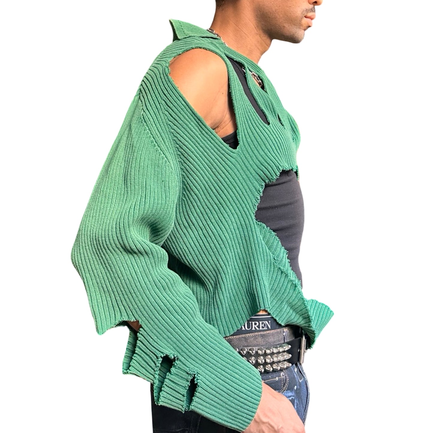 Right side of ASTROBOI* x Tommy Hilfiger green ribbed sweater with abstract cut outs, relaxed fit, and knit collar. One-of-a-kind custom piece handmade in NYC.