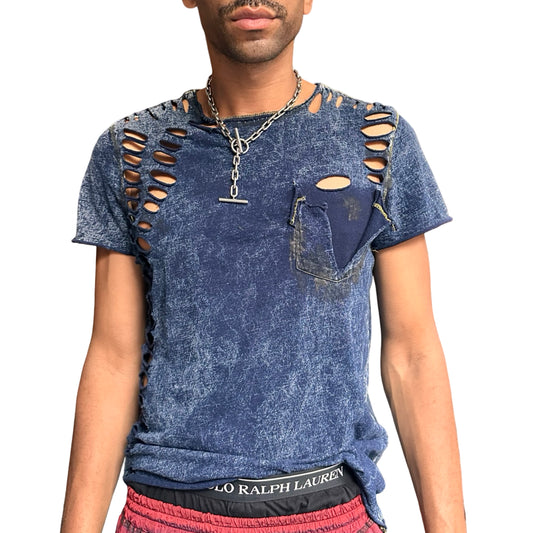 ASTROBOI* Blue Acid Washed Deconstructed Ripped T-Shirt - front 