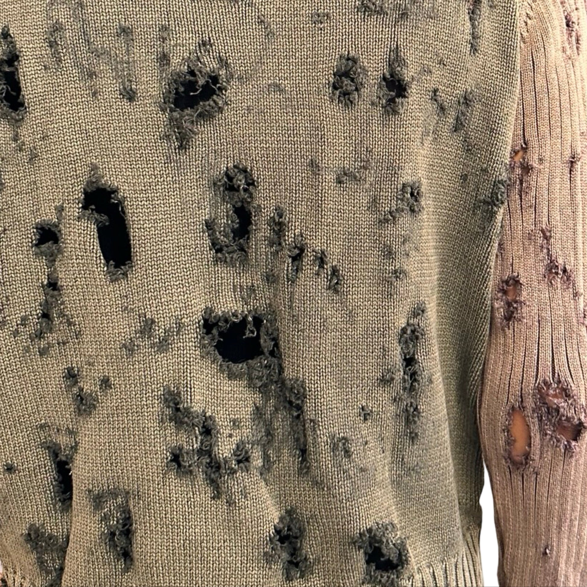 ASTROBOI* khaki and tan ribbed grunge zip-up sweater with distressed holes, contrast sleeves, and orange piping. One-of-a-kind custom piece made in NYC. Close up back view 