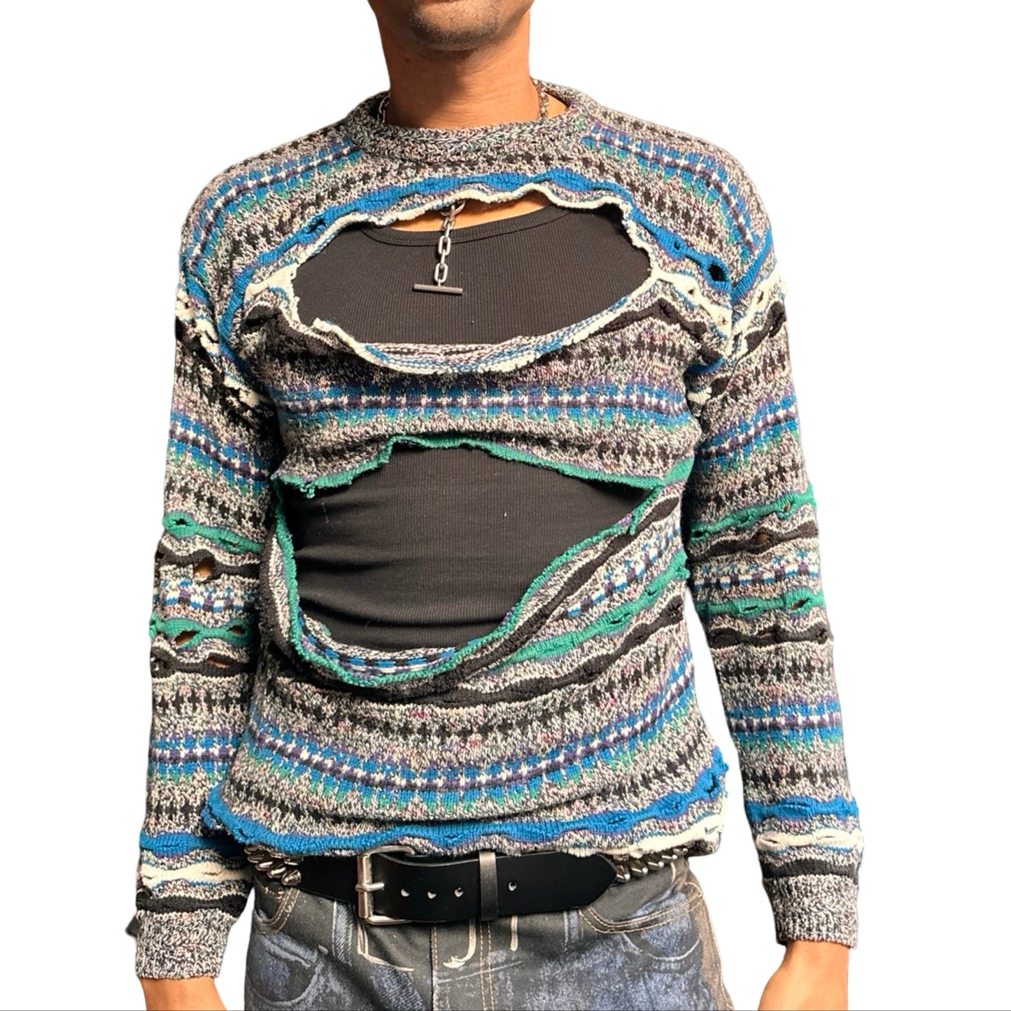 ASTROBOI* black Coogi-style wavy knit sweater with slashes and micro cutouts, distressed texture, medium size. front view