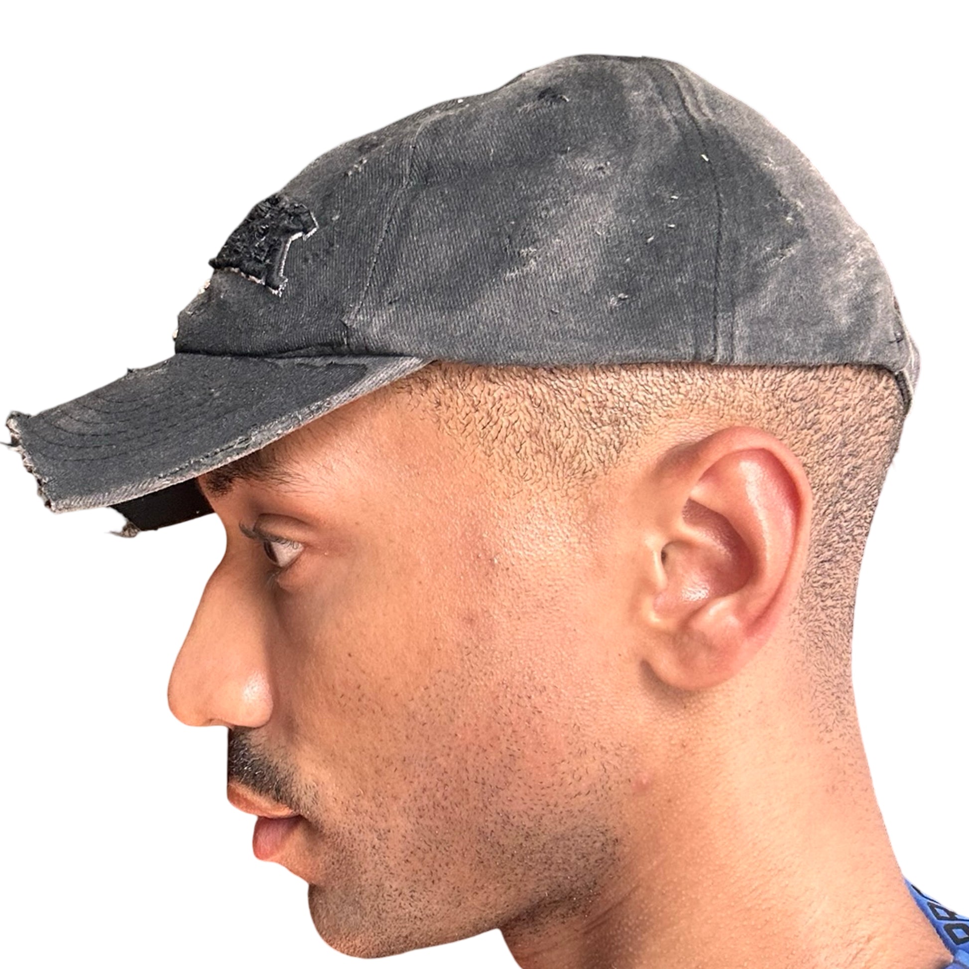 ASTROBOI* 'Kinky' New York Black Distressed Pierced Half Visor Hat - left 