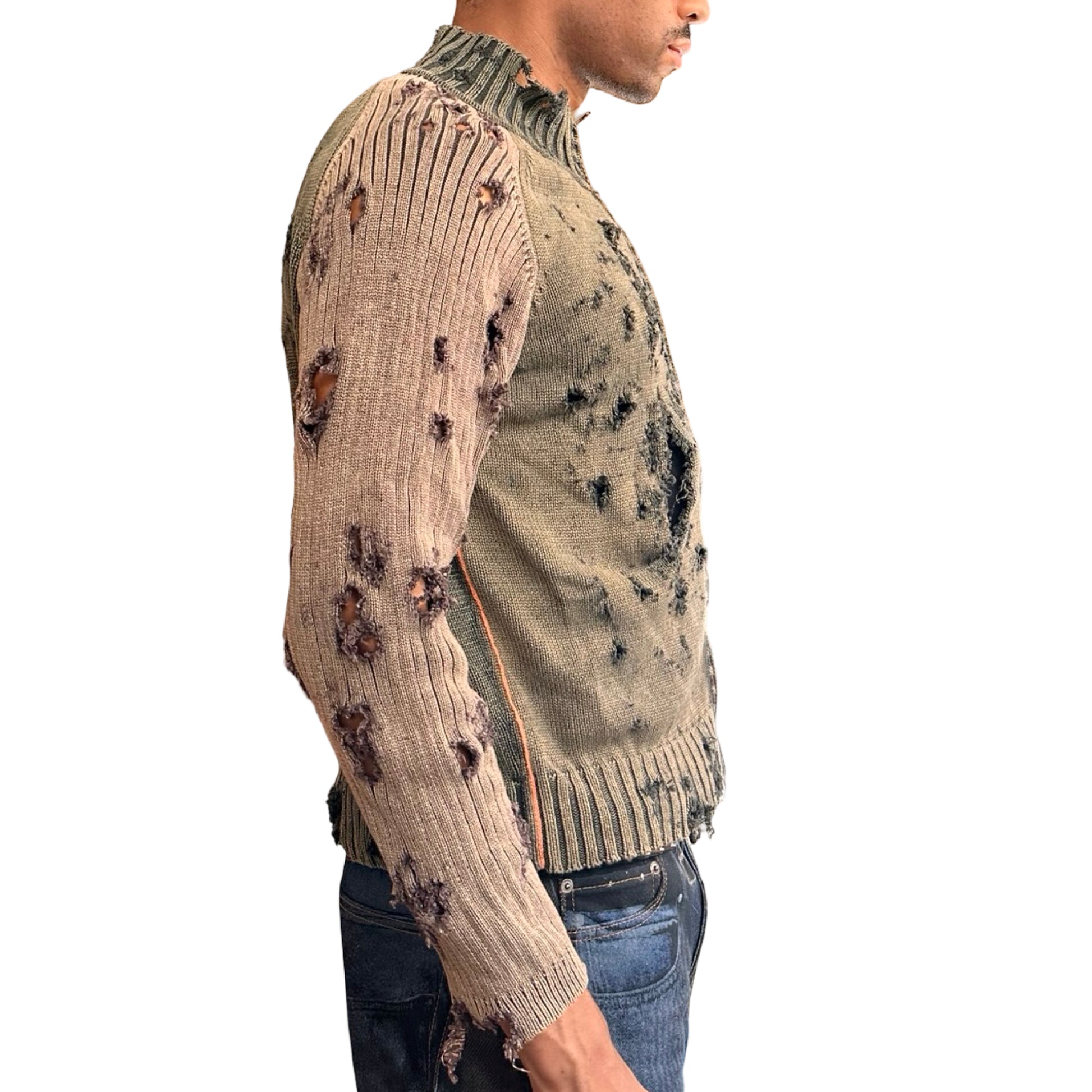 ASTROBOI* khaki and tan ribbed grunge zip-up sweater with distressed holes, contrast sleeves, and orange piping. One-of-a-kind custom piece made in NYC. Right view 