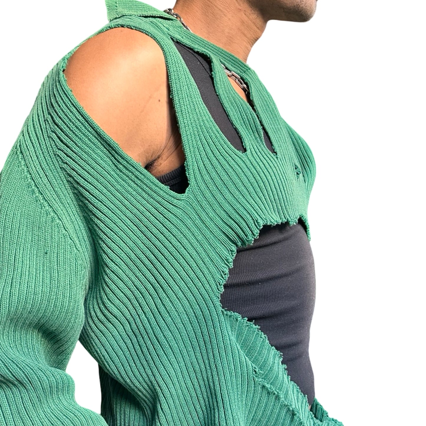 Close up of right ASTROBOI* x Tommy Hilfiger green ribbed sweater with abstract cut outs, relaxed fit, and knit collar. One-of-a-kind custom piece handmade in NYC. 