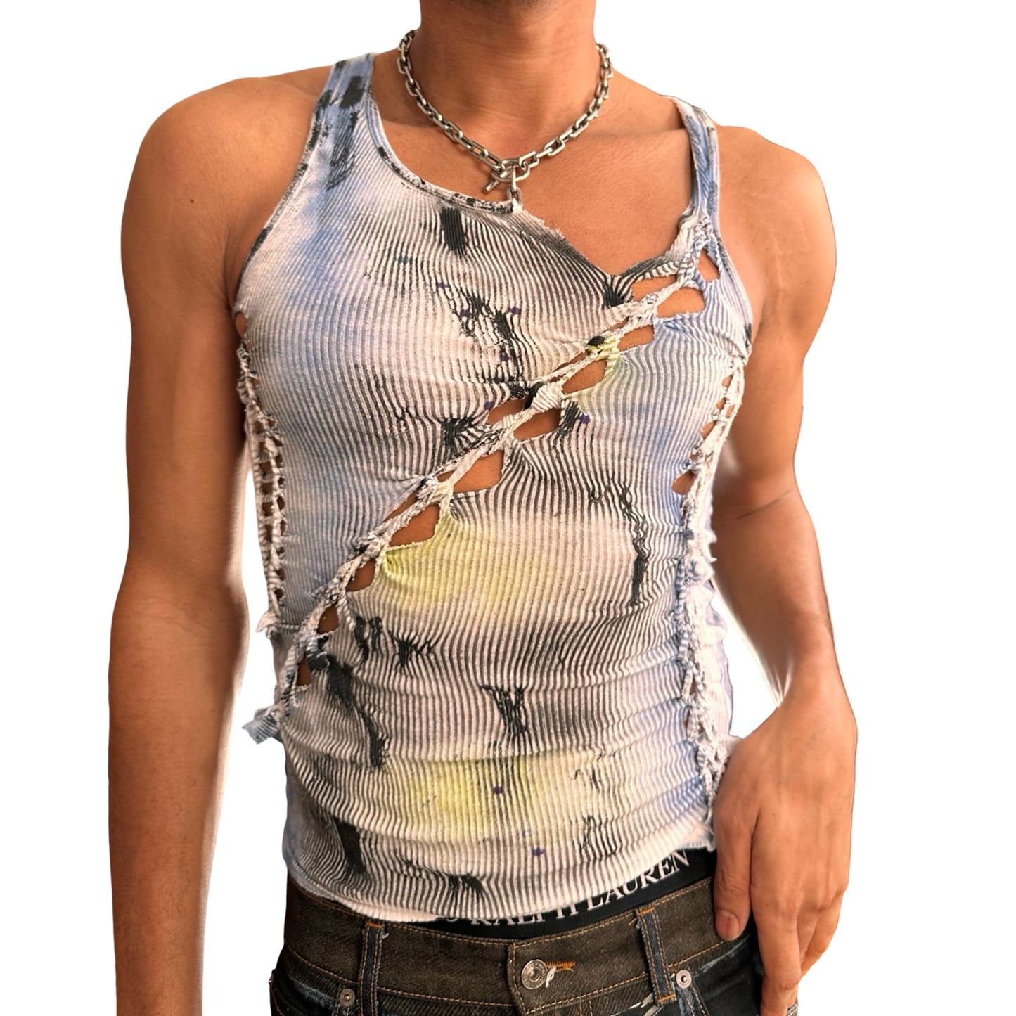 Front of ASTROBOI* ‘Aquatic’ white braided twist tank top with slashed detailing and form-fitting cut. Handmade custom piece from ASTROBOI* STUDIO in NYC.