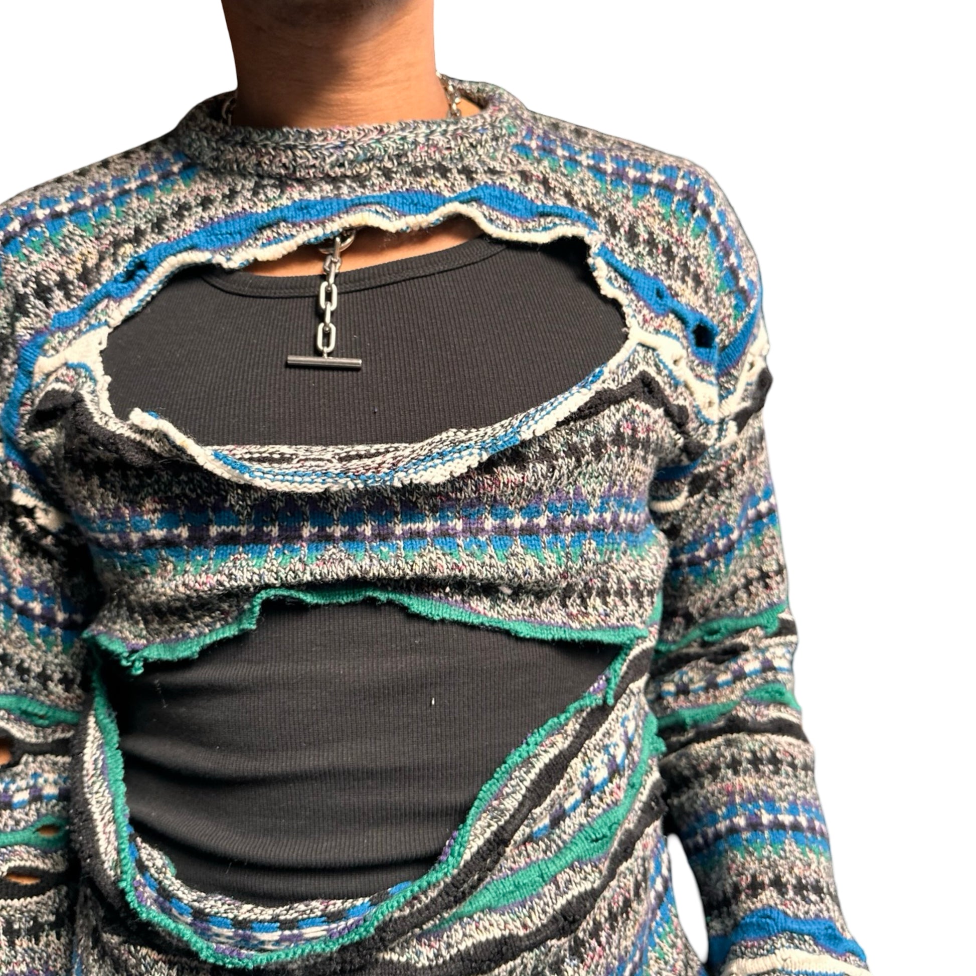  ASTROBOI* black Coogi-style wavy knit sweater with slashes and micro cutouts, distressed texture, medium size. Front close up 
