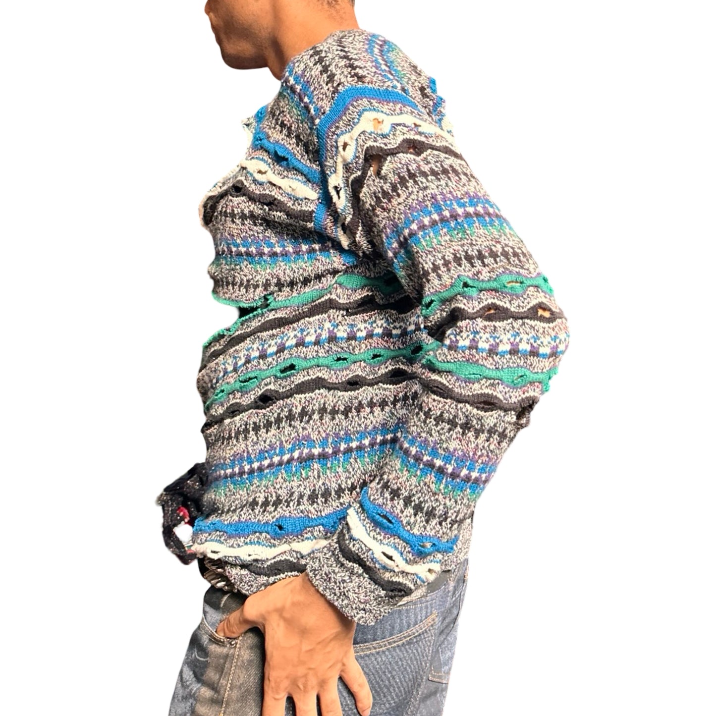 ASTROBOI* black Coogi-style wavy knit sweater with slashes and micro cutouts, distressed texture, medium size. left side view 