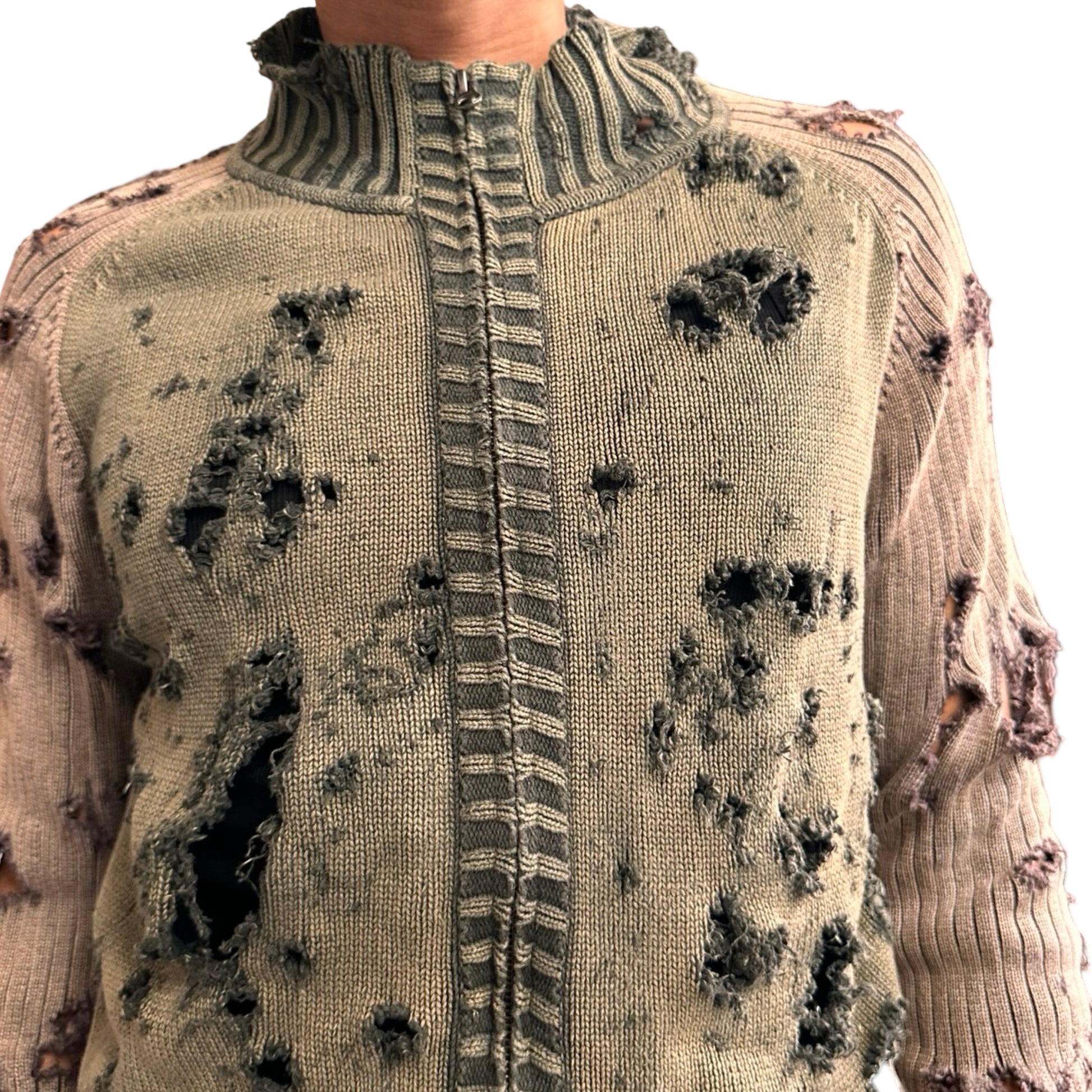 ASTROBOI* khaki and tan ribbed grunge zip-up sweater with distressed holes, contrast sleeves, and orange piping. One-of-a-kind custom piece made in NYC. Front view close up 