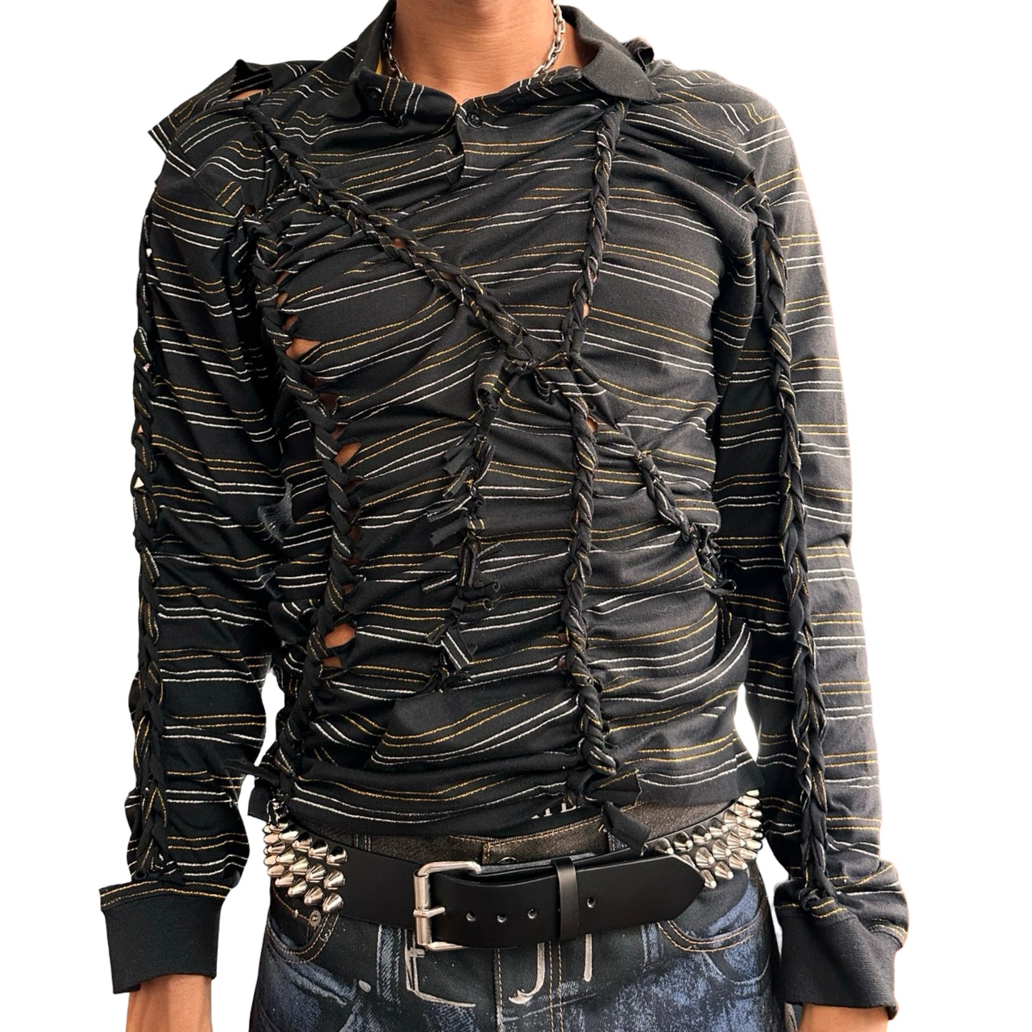 Front view 2 of ASTROBOI* ‘Glam’ black metallic striped polo with braided twist detailing, gold and silver stripes, and a fitted body. Custom piece handmade in NYC.