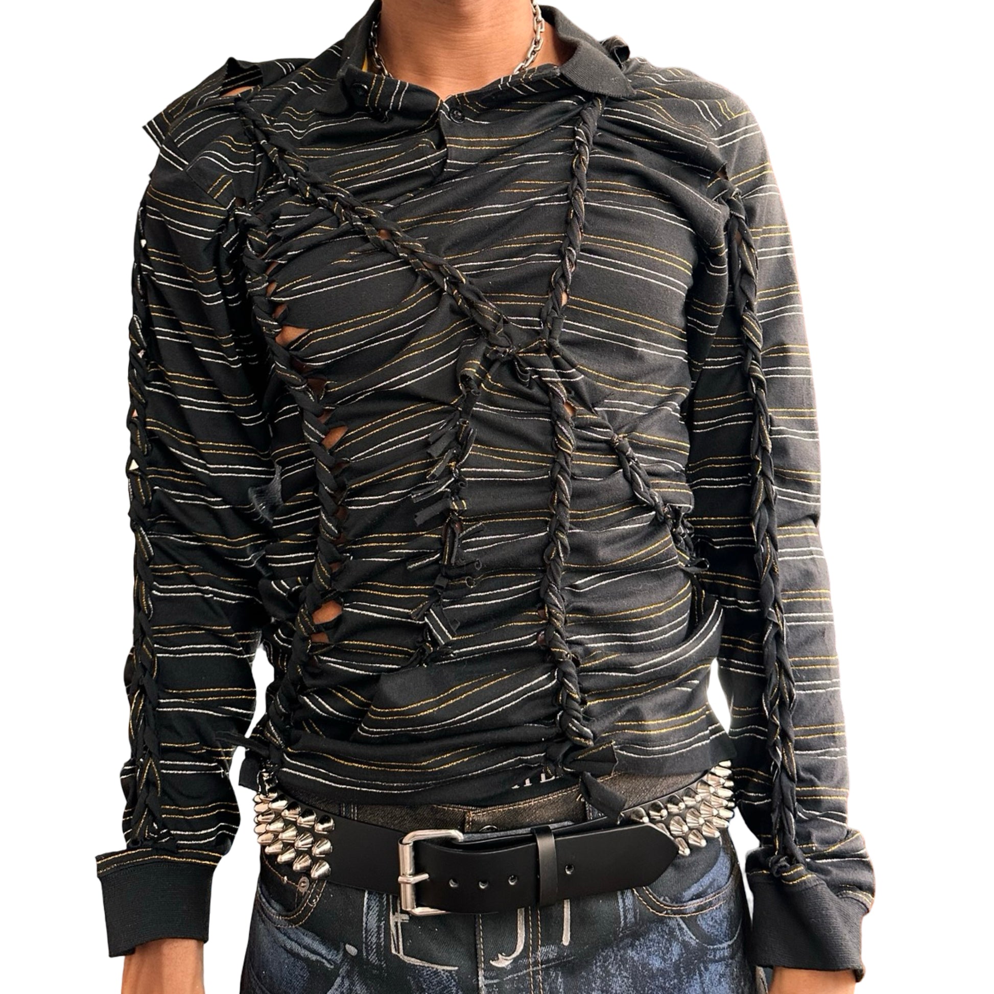 Front view 2 of ASTROBOI* ‘Glam’ black metallic striped polo with braided twist detailing, gold and silver stripes, and a fitted body. Custom piece handmade in NYC.