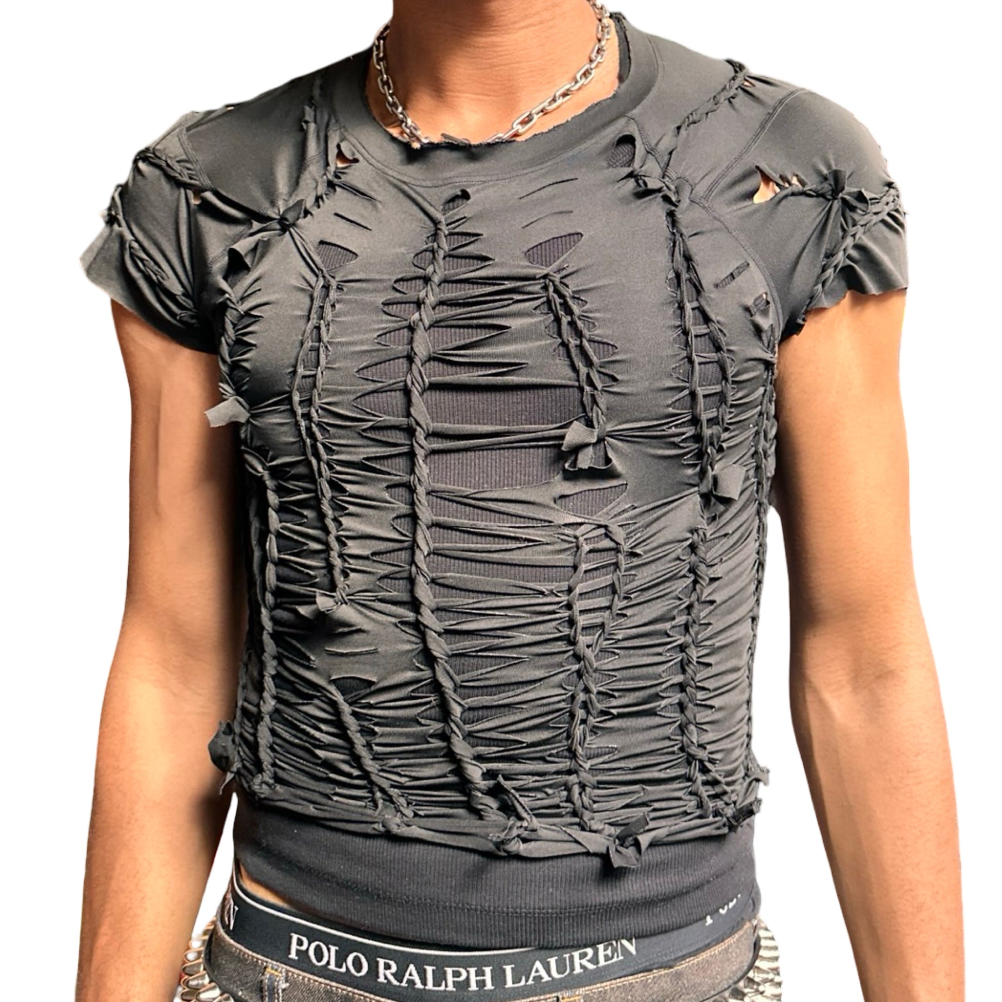 Styled top - ASTROBOI* 'Barely There' black braided twist compression top featuring intricate hand-braided detailing. Handmade in NYC with a form-fitting stretch design.