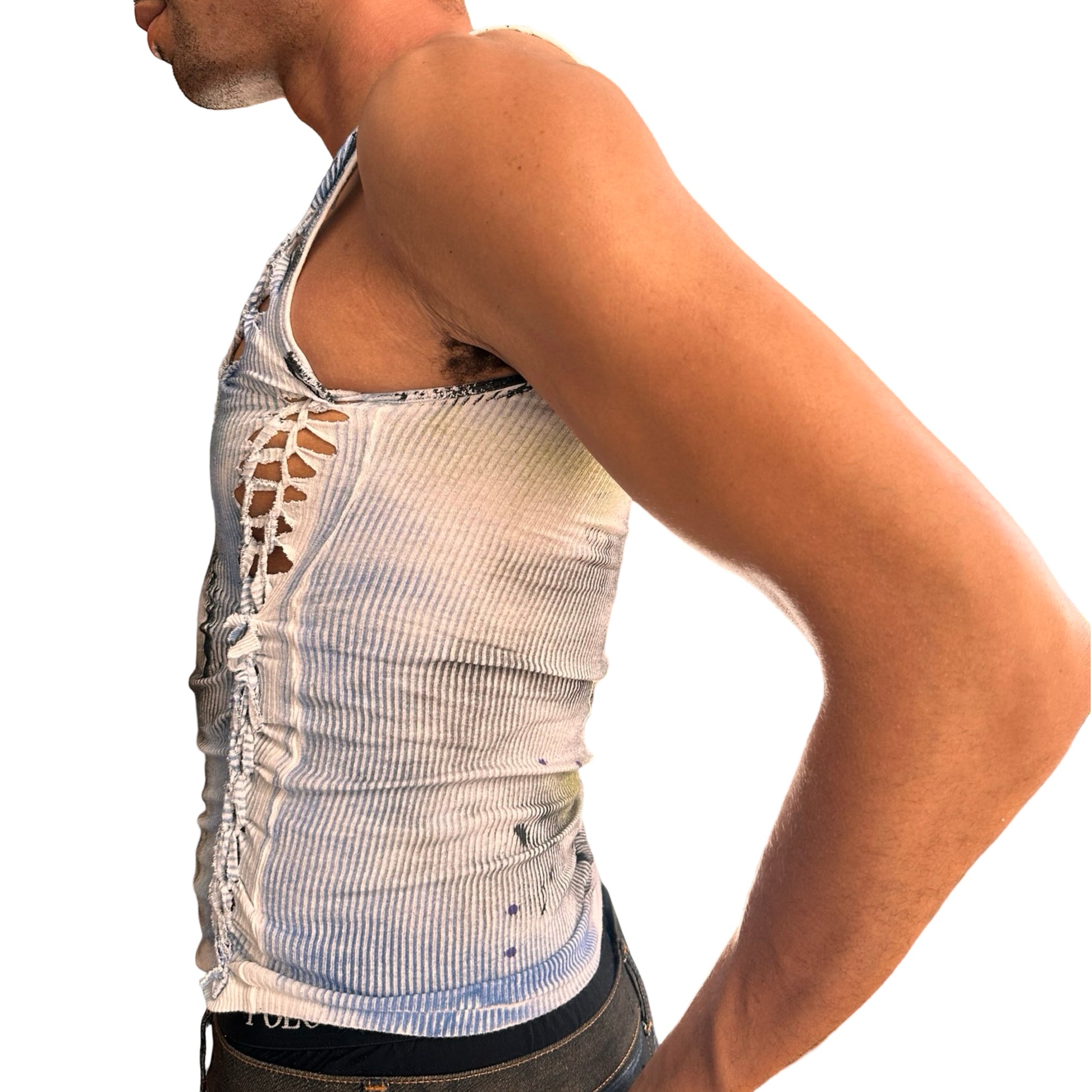 Left of ASTROBOI* ‘Aquatic’ white braided twist tank top with slashed detailing and form-fitting cut. Handmade custom piece from ASTROBOI* STUDIO in NYC.