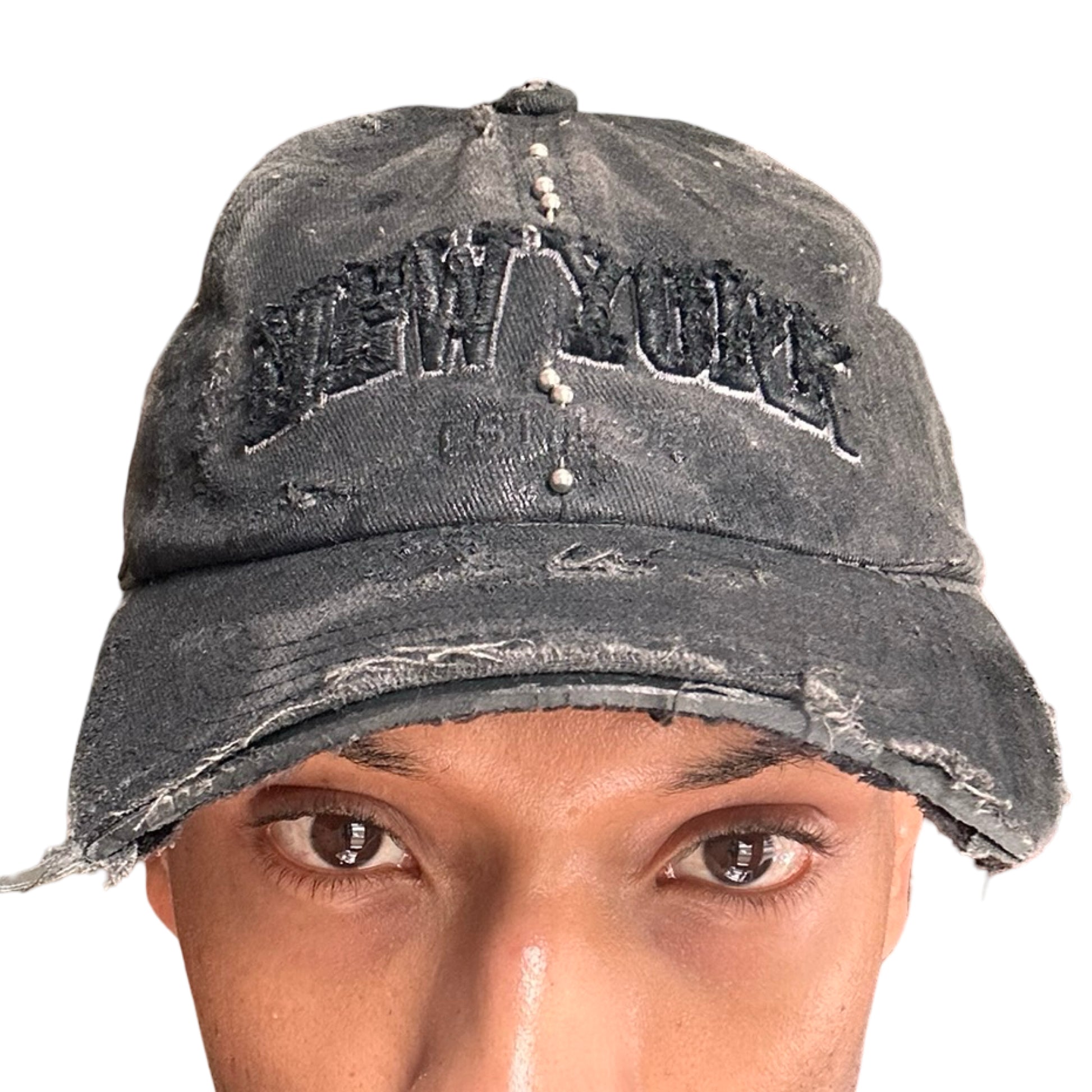 ASTROBOI* 'Kinky' New York Black Distressed Pierced Half Visor Hat - front 2