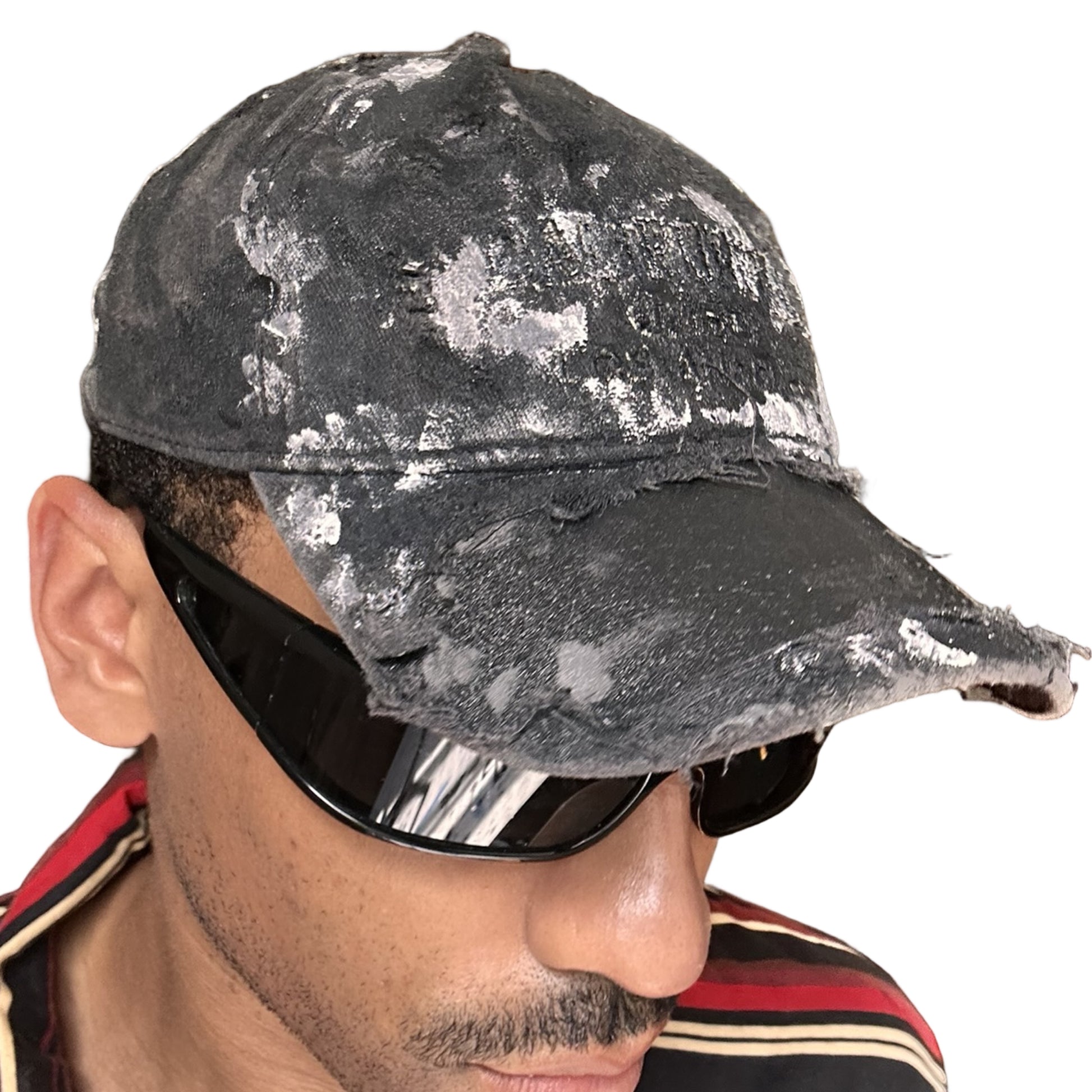 ASTROBOI* 'Cali' Black & White Painted Distressed Deconstructed Hat - front right 