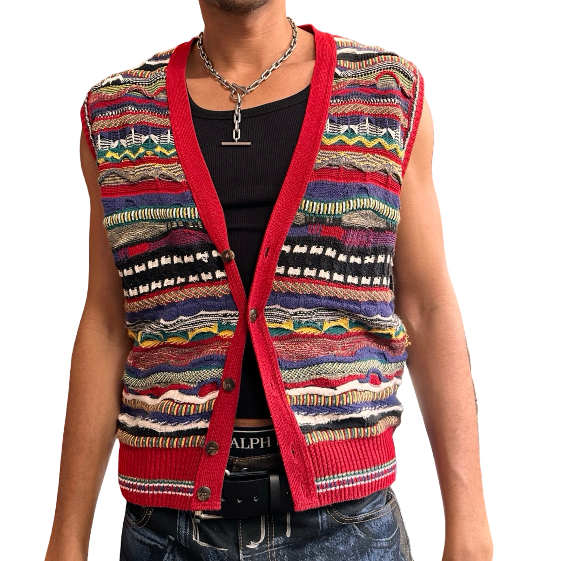 Vintage red Coogi-style knit cardigan vest with raised multicolor texture, Italian-made, size large. Front 