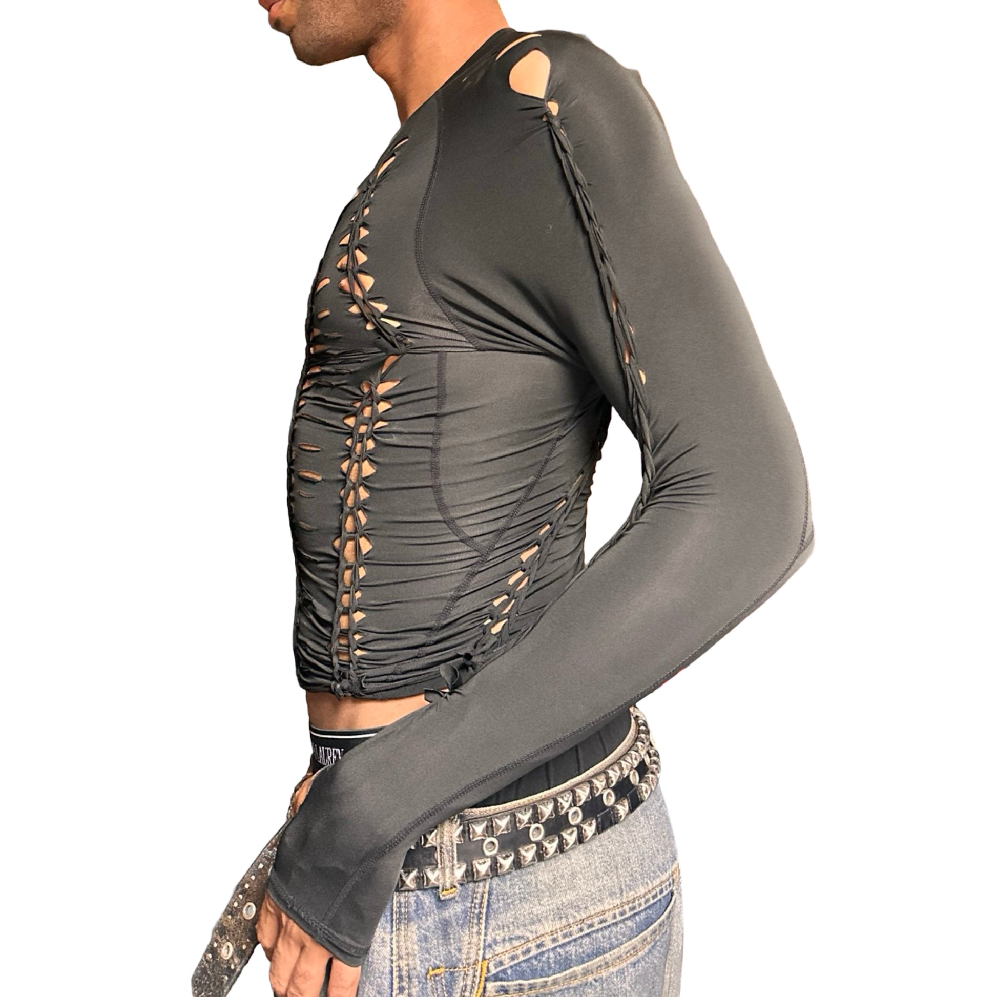 ASTROBOI* ‘Neo’ Black Braided Compression Long Sleeve Top – left